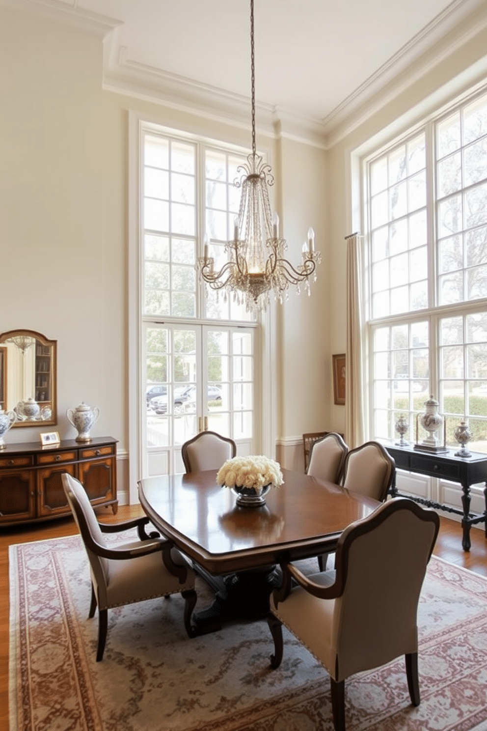 A spacious European dining room featuring large windows that flood the space with natural light. The room is adorned with an elegant wooden dining table surrounded by upholstered chairs, complemented by a stunning chandelier overhead. The walls are painted in a soft cream color, enhancing the airy feel of the room. A sideboard displaying fine china and decorative pieces adds a touch of sophistication, while a large area rug anchors the seating arrangement.