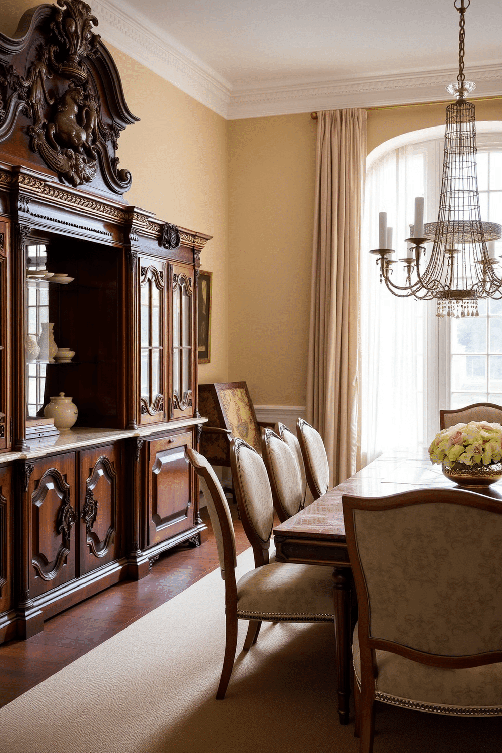 A European-style buffet with intricate carvings and a rich walnut finish stands against a soft cream wall. The buffet features glass-fronted cabinets showcasing fine china and decorative items, complemented by a polished marble top. In the dining room, a long, rustic wooden table is surrounded by elegant upholstered chairs in a muted floral pattern. A statement chandelier hangs above, casting a warm glow over the space, while large windows draped in sheer linen allow natural light to flood in.