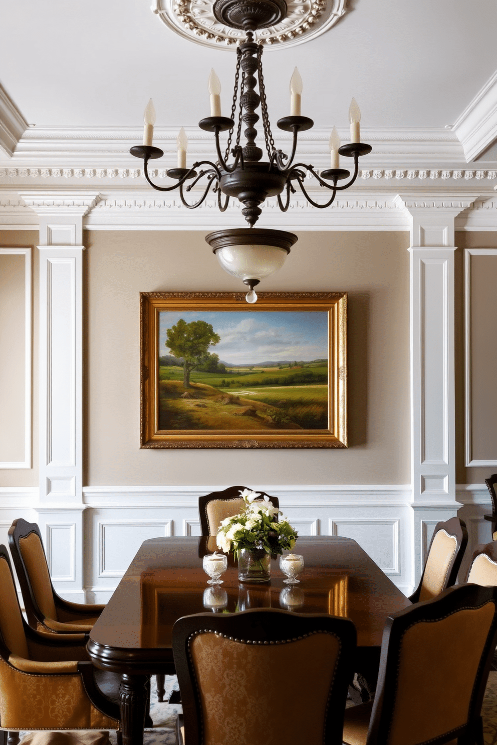 A classic European dining room featuring elegant wainscoting that adds a touch of sophistication to the space. The room is adorned with a large, ornate chandelier hanging above a polished wooden dining table surrounded by upholstered chairs in rich fabrics. Soft, muted colors grace the walls, enhancing the overall warmth of the room. A large, framed painting of a pastoral scene hangs prominently, complemented by decorative moldings that accentuate the ceiling.