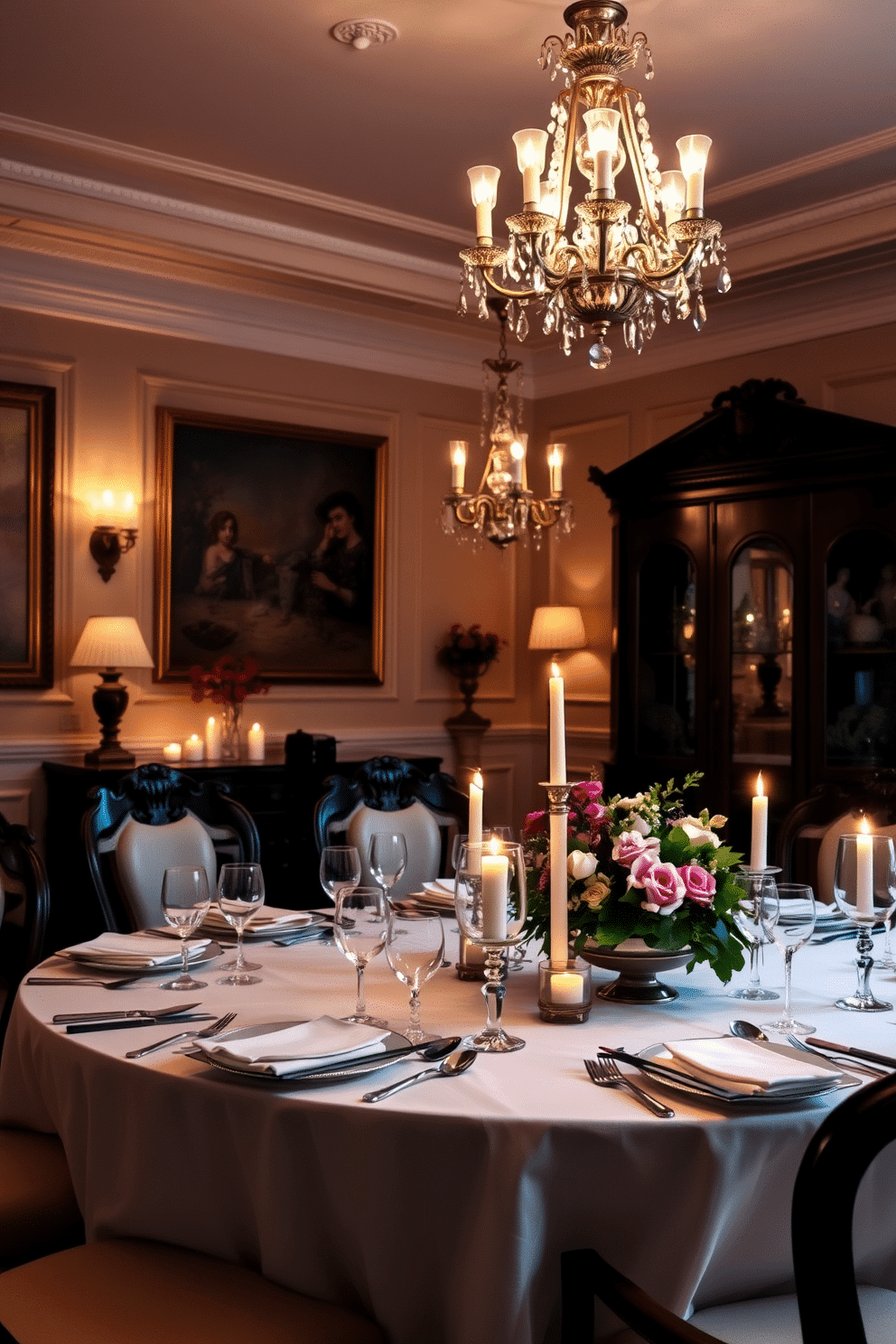 A candlelit table is elegantly set for an intimate dinner, with soft flickering lights casting a warm glow over the scene. The table is adorned with fine china, crystal glassware, and lush floral arrangements, creating a romantic atmosphere. The dining room features classic European design elements, including ornate crown molding and a grand chandelier hanging from the ceiling. Rich, dark wood furniture complements the soft, muted color palette of the walls, enhancing the sophisticated ambiance.