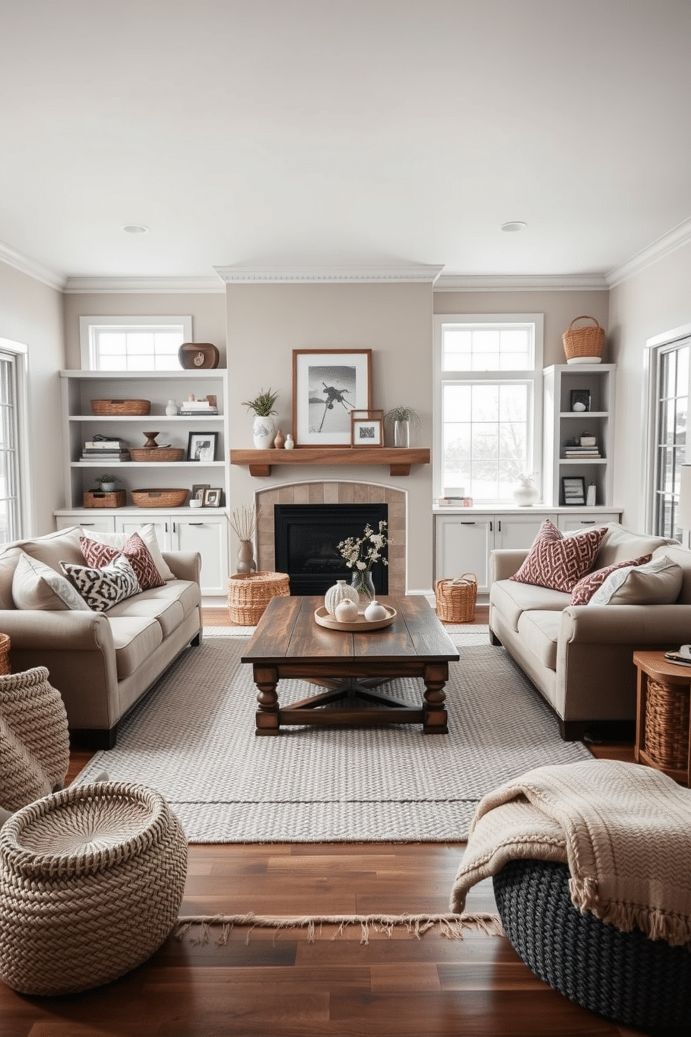 Cozy neutral tones create a warm and inviting atmosphere in the family room. Plush sofas adorned with soft throw pillows are arranged around a rustic wooden coffee table, while a textured area rug anchors the space. Natural light pours in through large windows, illuminating the layered textures of woven baskets and knitted throws. A charming fireplace serves as the focal point, framed by built-in shelves displaying curated decor and family photos.