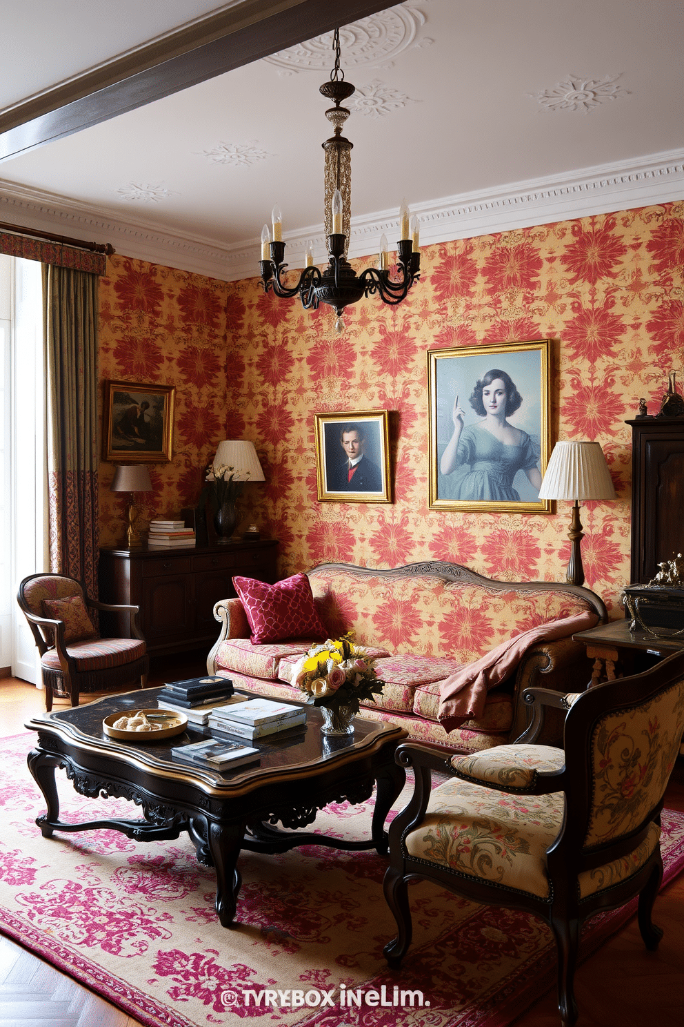 A cozy European family room features bold, patterned wallpaper that adds a touch of drama to the space. Antique furniture pieces, including a vintage sofa and ornate coffee table, create an inviting atmosphere filled with character and charm.