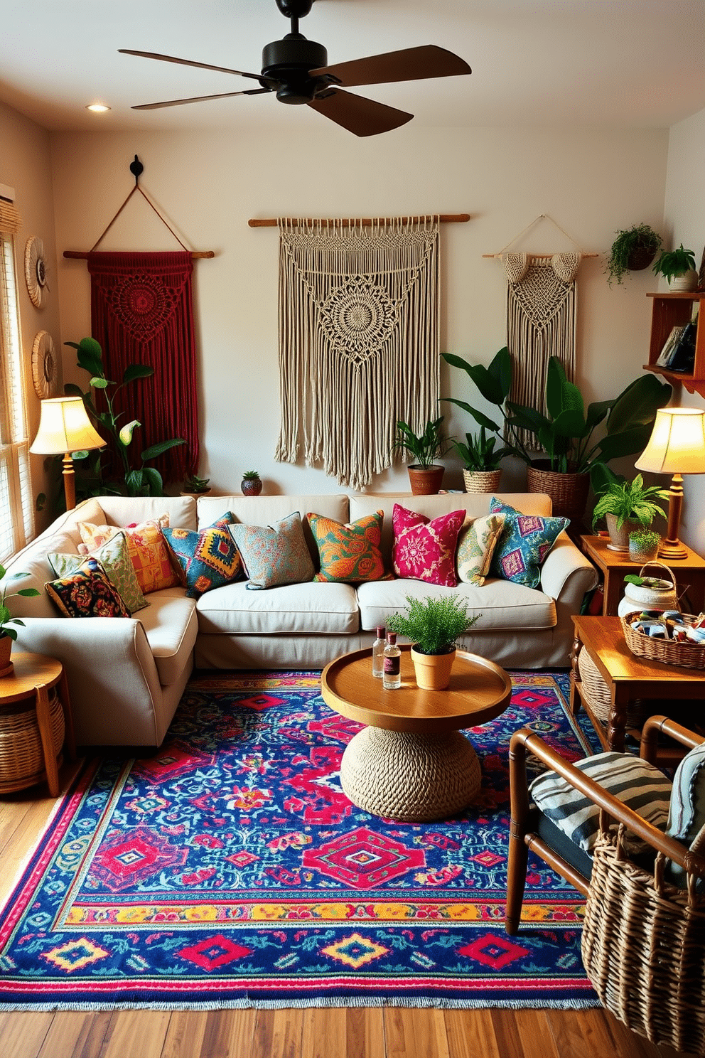 Inviting bohemian accents fill the family room, featuring a large, plush sofa adorned with an array of colorful throw pillows in various patterns. A vibrant area rug anchors the space, while macramé wall hangings and potted plants add a touch of nature and warmth. The room is illuminated by soft, ambient lighting from vintage-style lamps placed on side tables. An eclectic mix of wooden furniture and woven baskets creates a cozy, lived-in feel, perfect for family gatherings and relaxation.