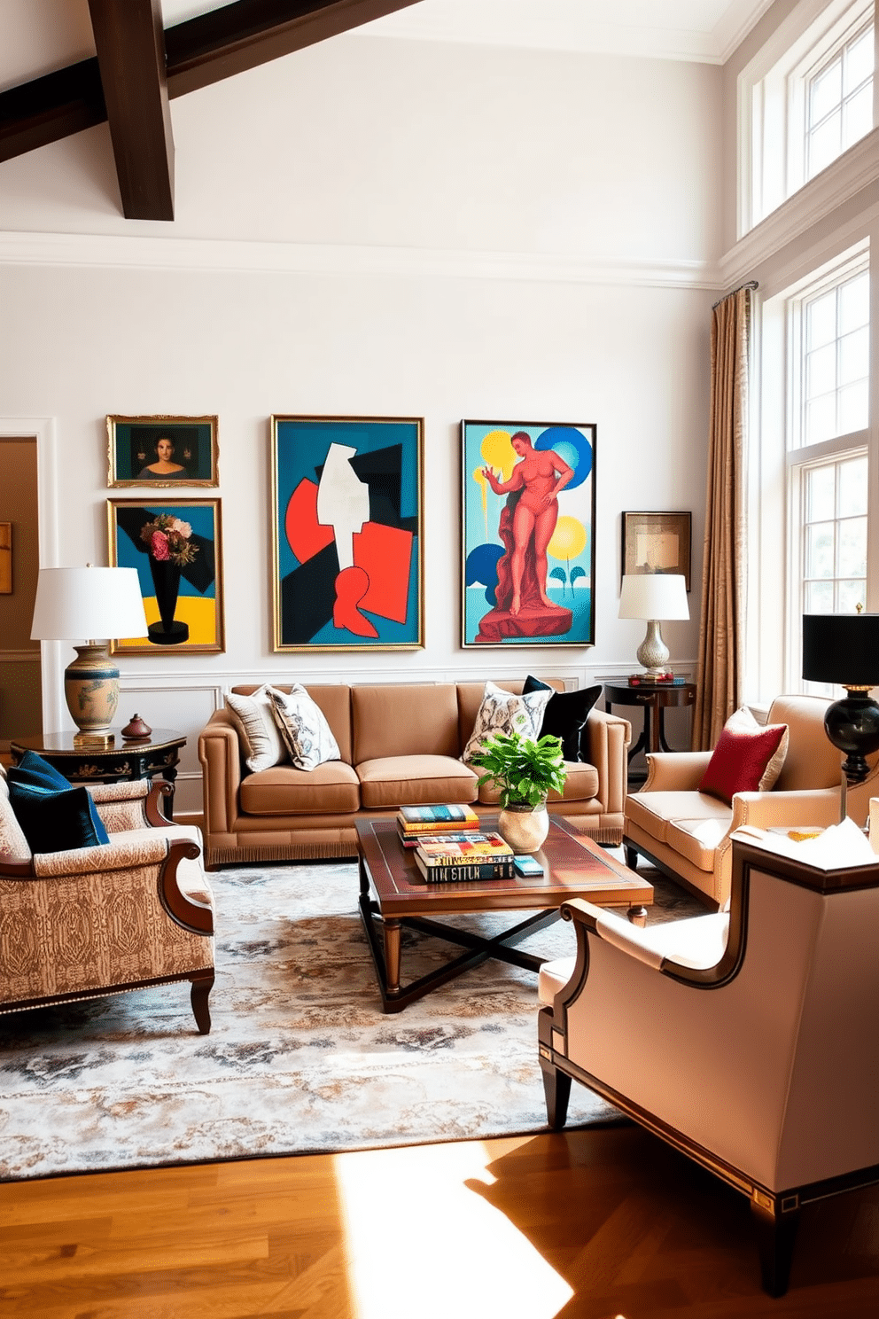 A classic family room featuring a blend of contemporary art pieces and traditional furnishings. The room showcases a plush sofa upholstered in rich fabrics, complemented by elegant armchairs and a wooden coffee table adorned with art books. On the walls, vibrant contemporary artworks create a striking contrast against the soft, neutral palette. Large windows allow natural light to flood the space, highlighting a cozy area rug that ties the room together.