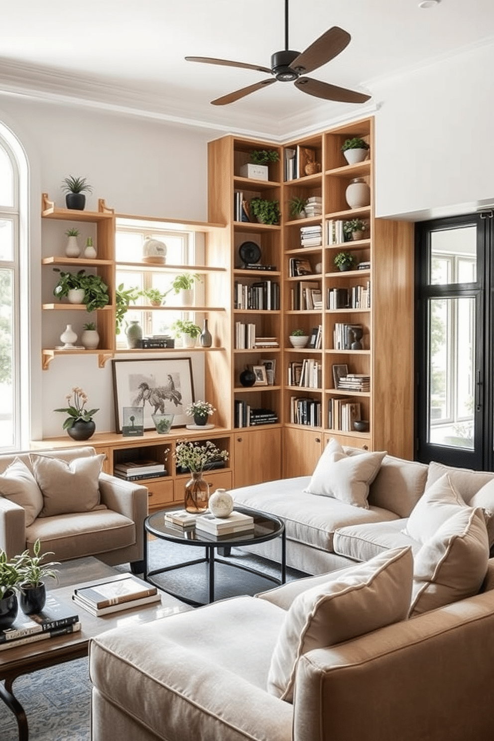 Functional built-in shelves are designed to maximize space and showcase decorative items, blending seamlessly with the room's architecture. The shelves are crafted from light oak wood, adorned with various plants, books, and curated art pieces that reflect a warm, inviting atmosphere. The family room features a cozy seating arrangement with a plush sectional sofa and oversized armchairs, accented by soft throw pillows. Natural light floods the space through large windows, highlighting the neutral color palette and elegant accessories that enhance the European aesthetic.