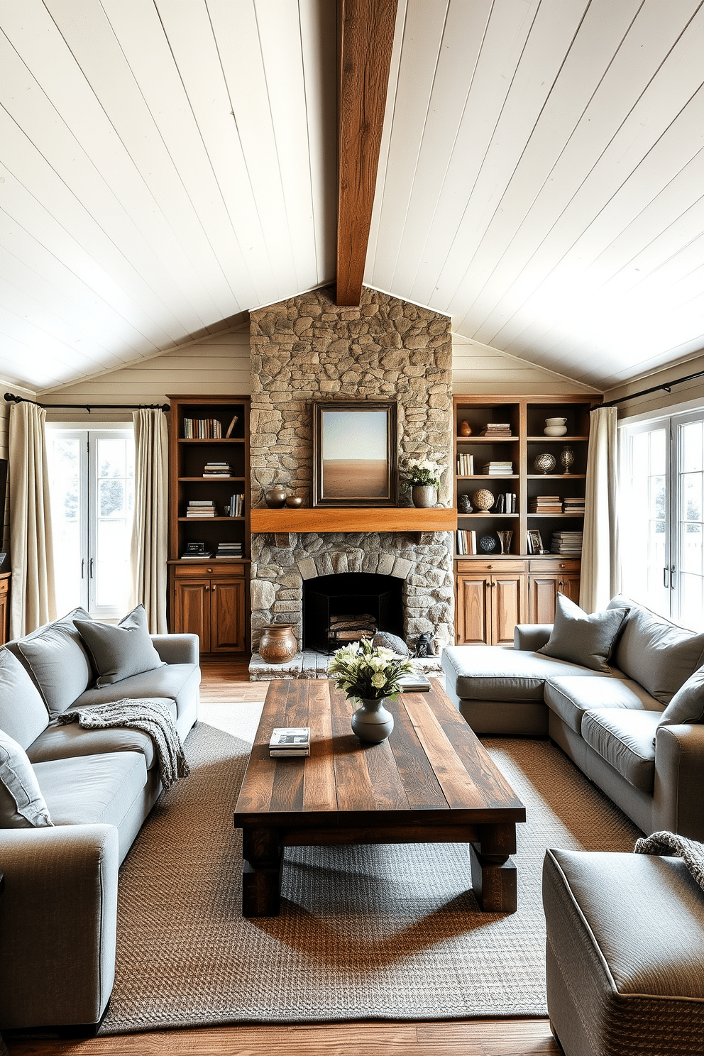 A cozy European family room featuring shiplap walls with a warm, rustic farmhouse vibe. The room is adorned with a large, comfortable sectional sofa in muted tones, complemented by a reclaimed wood coffee table at the center. Natural light pours in through large windows dressed in soft, linen drapes. A stone fireplace serves as the focal point, surrounded by built-in bookshelves filled with family treasures and decorative accents.