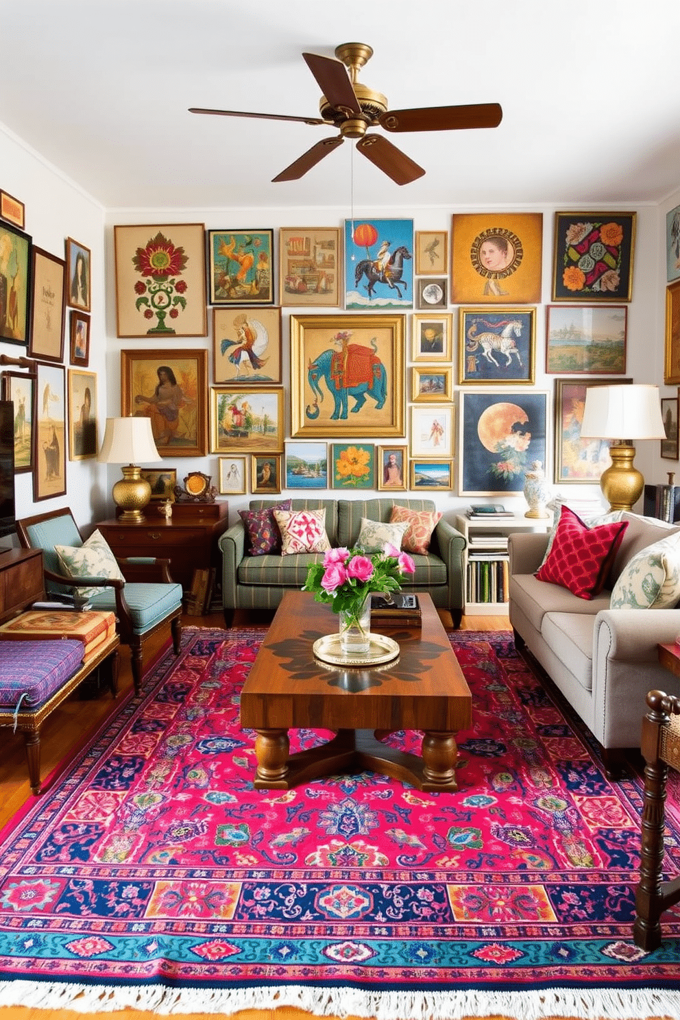 An eclectic family room designed with a blend of global decor influences. The space features a vibrant Persian rug layered over hardwood floors, surrounded by a mix of vintage and contemporary furniture pieces sourced from various cultures. Colorful throw pillows adorn a large, comfortable sofa, while a handcrafted coffee table serves as a focal point. Walls are adorned with a curated collection of art from around the world, showcasing diverse styles and textures that create an inviting and lively atmosphere.