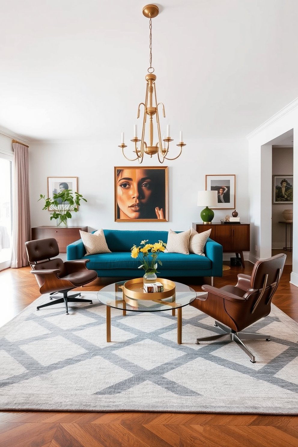 A stylish mid-century modern family room features a sleek, low-profile sofa upholstered in a rich teal fabric, complemented by a pair of iconic Eames lounge chairs in walnut. The space is anchored by a geometric area rug, with a minimalist coffee table made of glass and brushed brass in the center, creating a perfect balance of comfort and sophistication. Incorporating European design elements, the family room boasts a stunning chandelier with a vintage finish, hanging gracefully above the seating area. The walls are adorned with tasteful artwork, and a large window allows natural light to flood the space, highlighting the elegant blend of mid-century modern and European aesthetics.