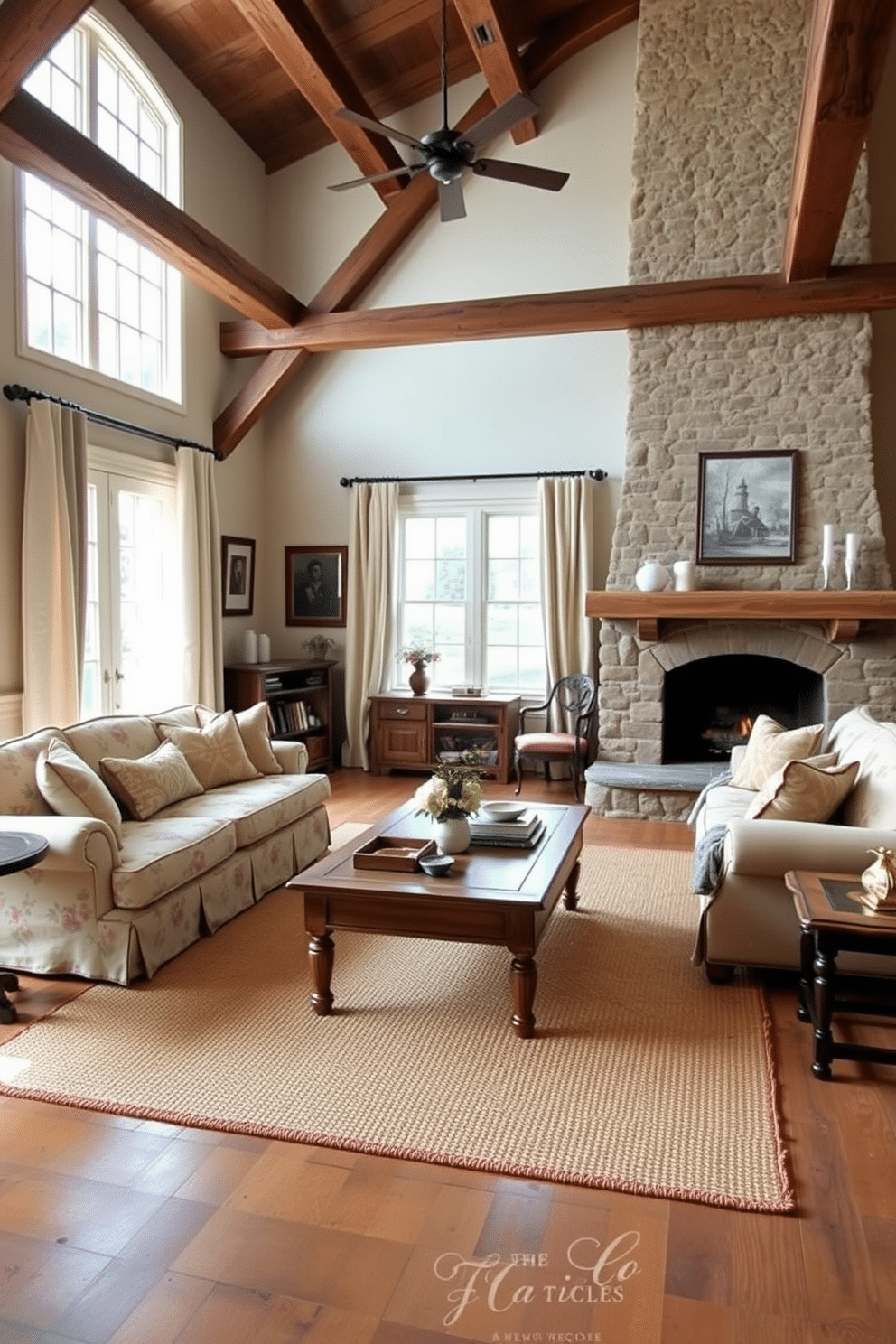 A classic French country family room exudes rustic charm with exposed wooden beams and a stone fireplace as the focal point. The room features a large, comfortable sectional sofa adorned with floral patterns, complemented by an antique wooden coffee table and a woven area rug. Large windows draped with soft linen curtains allow natural light to flood the space, enhancing the warm, inviting atmosphere. Accents of distressed furniture, vintage decor, and a palette of muted pastels create a cozy yet elegant ambiance perfect for family gatherings.