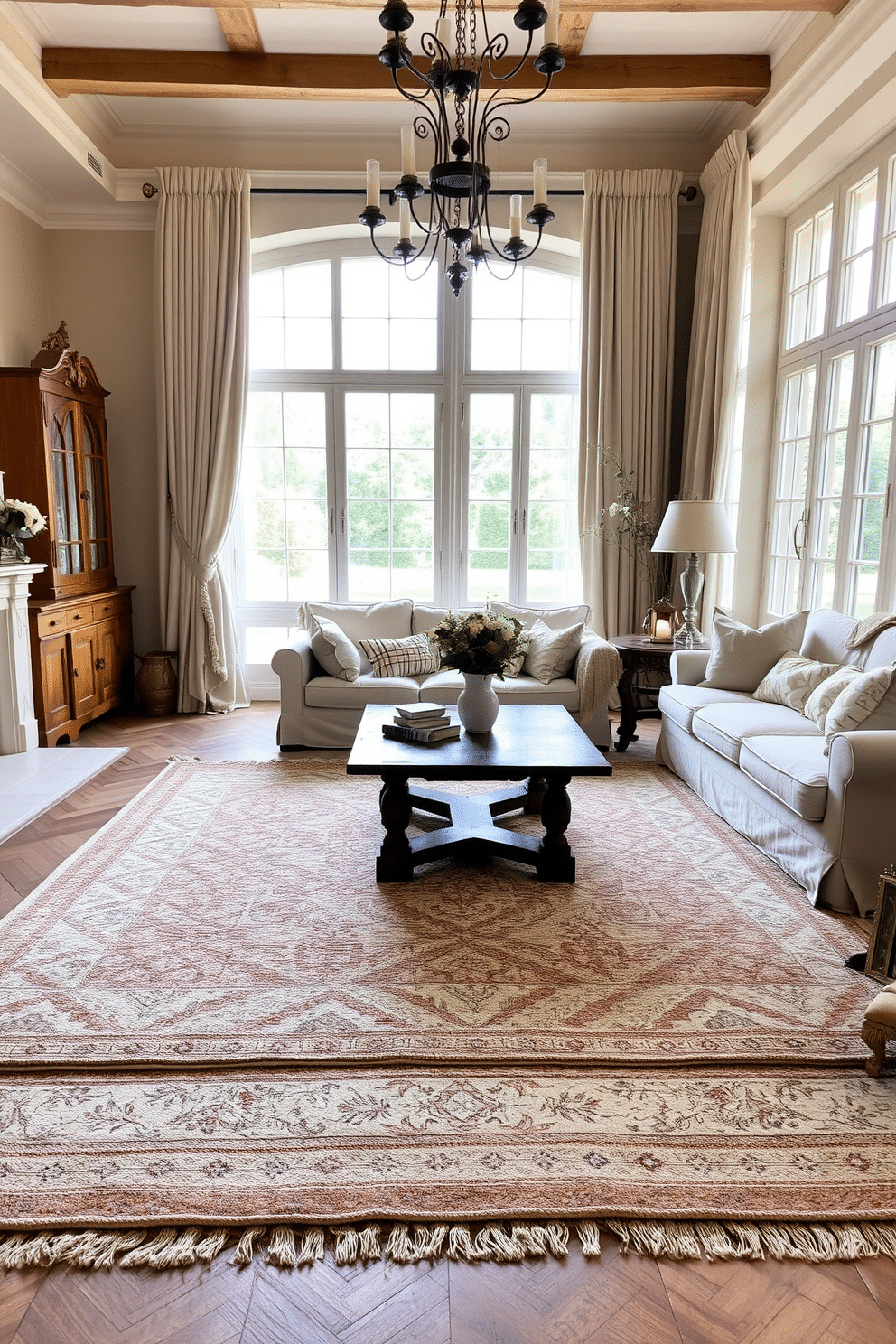 A cozy European family room features layered rugs that create a warm and inviting atmosphere. The base rug is a large, neutral-toned piece, topped with a smaller, intricately patterned rug that adds depth and texture to the space. Soft, plush seating is arranged around a rustic wooden coffee table, enhancing the room's charm. Natural light pours in through large windows adorned with elegant drapes, illuminating the carefully curated decor and inviting family gatherings.