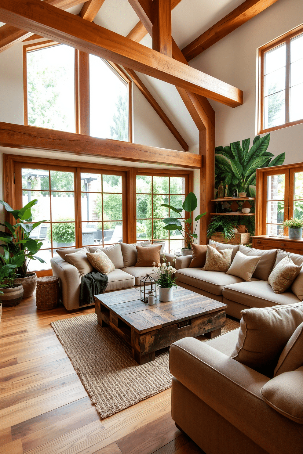 A cozy European family room featuring natural wood tones throughout, including exposed beams and a warm wooden floor. Plush furniture in soft earth tones is complemented by vibrant greenery accents, such as potted plants and a leafy wall mural. The room is designed for comfort and togetherness, with a large, inviting sectional sofa and a rustic coffee table made from reclaimed wood. Large windows allow natural light to flood the space, enhancing the connection to the outdoors with views of a lush garden.