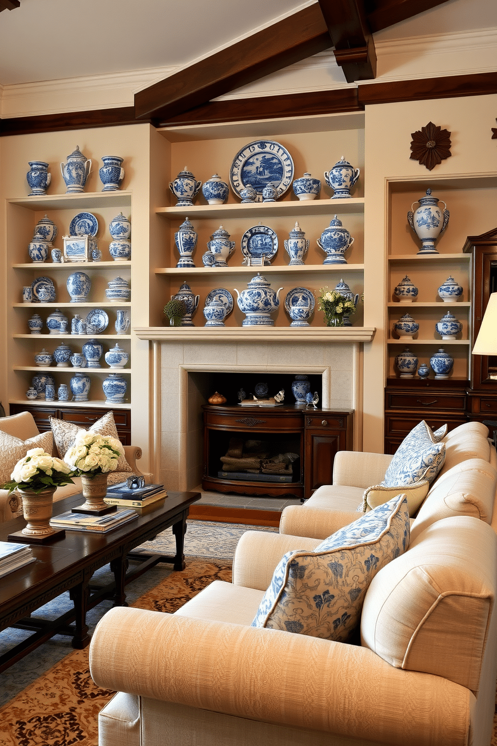 A classic European family room features elegant blue and white porcelain decor displayed on shelves and tables, creating a harmonious blend of tradition and sophistication. The room is adorned with plush, upholstered furniture in neutral tones, complemented by rich wooden accents and soft, ambient lighting.