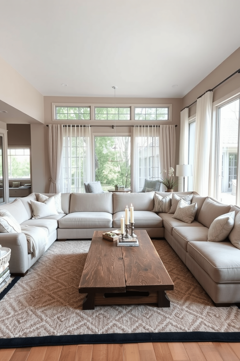 A cozy family room featuring a large, L-shaped sectional sofa upholstered in soft, neutral fabric, perfect for family gatherings. The room is adorned with plush throw pillows in various textures, and a large area rug anchors the seating arrangement. Natural light floods the space through expansive windows, complemented by sheer curtains that add a touch of elegance. A rustic coffee table made of reclaimed wood sits at the center, surrounded by warm, inviting decor elements such as candles and books.