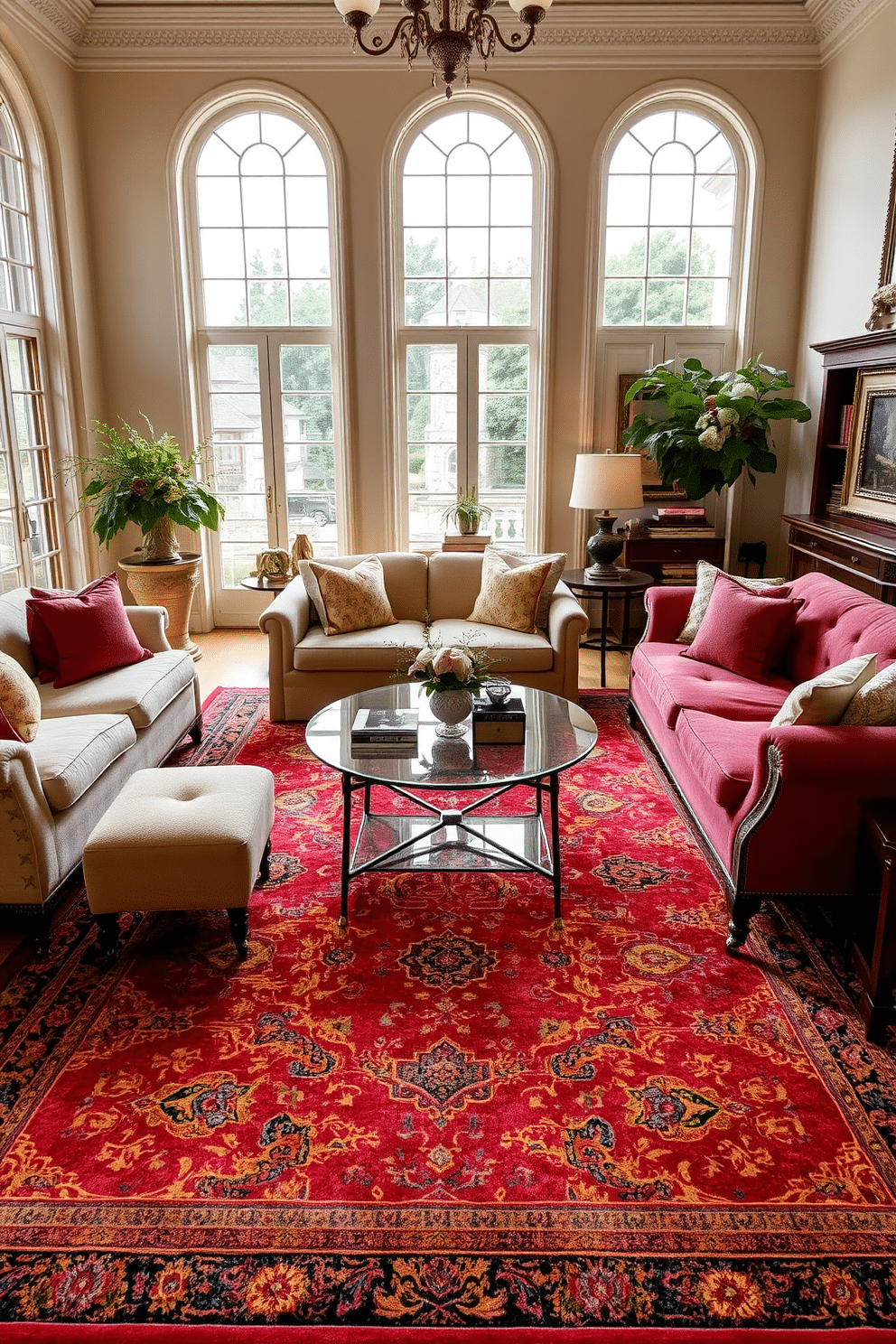 A vibrant area rug in rich hues anchors the seating area, defining the space while adding warmth and texture. The rug features intricate patterns that complement the furniture, creating a cohesive and inviting atmosphere. In a European family room, plush sofas are arranged around a central coffee table, accented by throw pillows in soft fabrics. Large windows allow natural light to flood the room, enhancing the elegant decor and inviting a sense of comfort and relaxation.