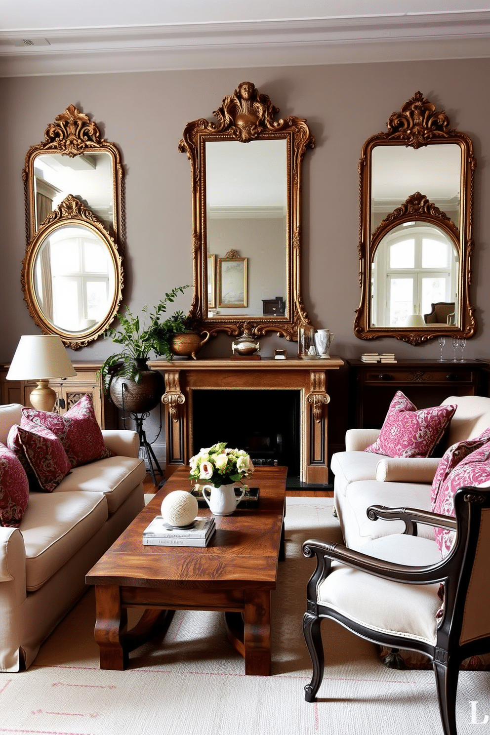 A cozy European family room features vintage mirrors strategically placed to enhance light and create a sense of spaciousness. The room is adorned with plush sofas in soft, neutral tones, complemented by a rustic wooden coffee table and elegant accent chairs.