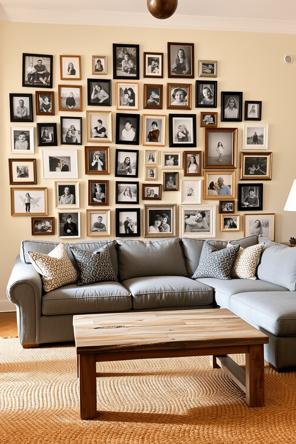 A personalized gallery wall showcasing family photos is the focal point of the room, with an assortment of frames in various sizes and finishes arranged in an organic layout. The wall is painted a soft cream color, creating a warm backdrop that enhances the vibrant images of cherished memories. The European family room features a cozy seating arrangement with a plush, oversized sectional sofa in a muted gray fabric, complemented by patterned throw pillows. A rustic wooden coffee table sits in the center, surrounded by a woven area rug that adds texture and warmth to the space.