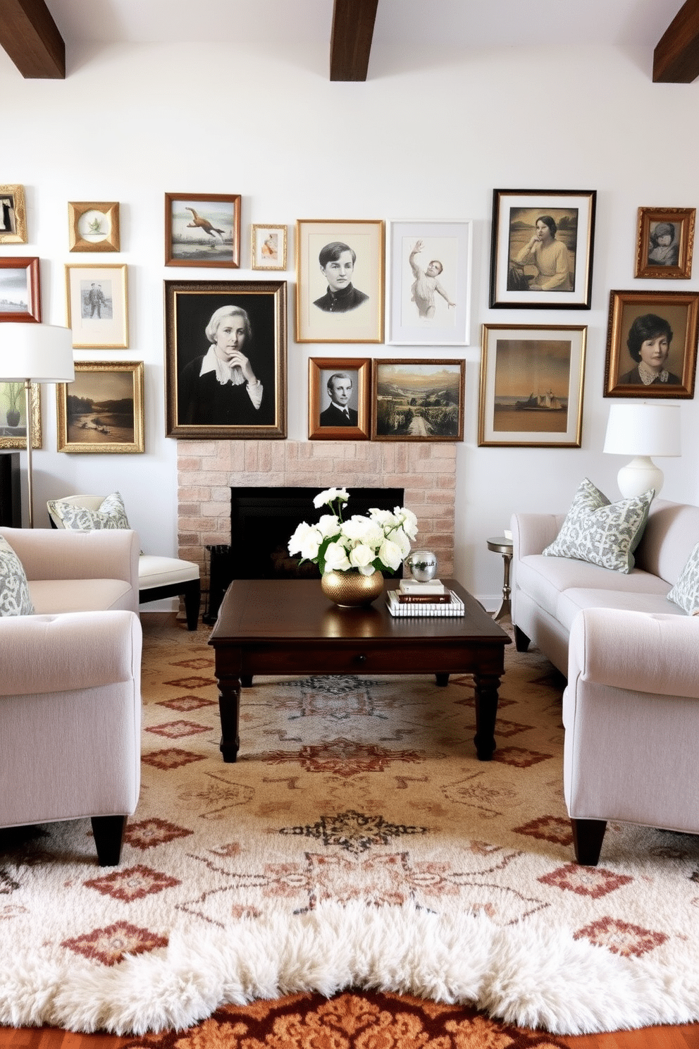 A cozy family room featuring vintage decor seamlessly blended with modern elements. An antique wooden coffee table sits at the center, surrounded by contemporary sofas upholstered in neutral fabrics. The walls are adorned with a mix of vintage artwork and sleek modern frames, creating an eclectic gallery feel. A plush area rug with a traditional pattern anchors the space, while a stylish floor lamp adds a touch of contemporary flair.