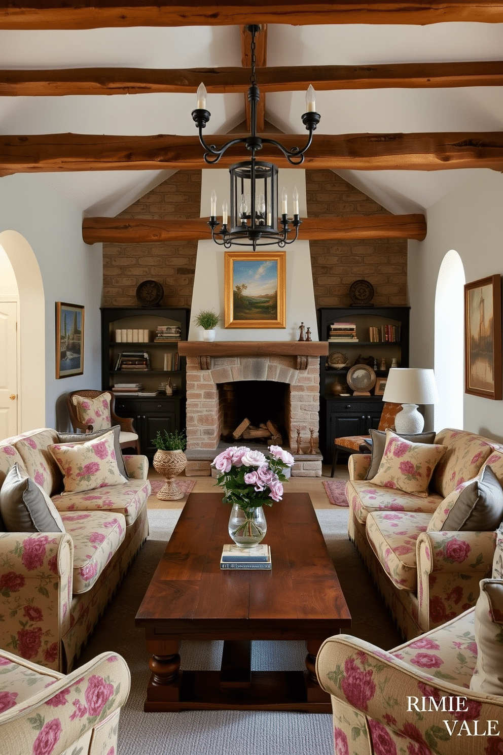 Timeless English cottage with floral patterns. The space features exposed wooden beams and a cozy fireplace, surrounded by plush sofas adorned with vintage floral upholstery. European family room design ideas. The room showcases a blend of rustic charm and modern elegance, with a large sectional sofa, a reclaimed wood coffee table, and soft, neutral tones accented by vibrant artwork.