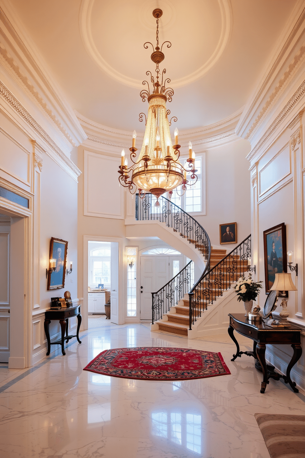 An elegant foyer featuring a stunning chandelier with vintage accents hangs gracefully from the ceiling, casting a warm glow across the space. The walls are adorned with intricate moldings and soft pastel colors, complemented by a polished marble floor that reflects the chandelier's light. A grand staircase with a wrought-iron railing curves elegantly to the upper level, flanked by tasteful artwork and decorative sconces. A plush area rug in rich hues anchors the space, while a stylish console table showcases curated decor pieces and fresh flowers.