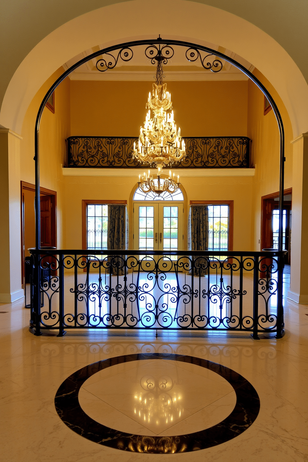 A grand foyer featuring a classic wrought iron railing adorned with intricate floral motifs. The space is illuminated by a stunning chandelier, with a polished marble floor that complements the elegant design.