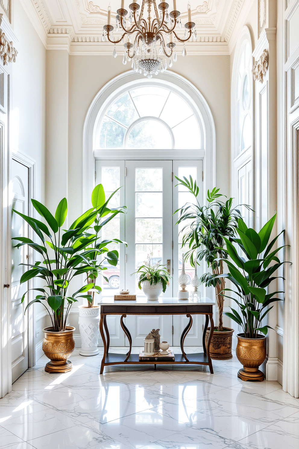 A bright and airy European foyer features an elegant marble floor that reflects natural light streaming through large, arched windows. Lush potted plants in varying sizes are strategically placed to create a fresh, welcoming atmosphere, complementing the soft pastel color palette of the walls. The foyer is adorned with intricate moldings and a stunning chandelier that adds a touch of sophistication. A stylish console table, topped with decorative items and a small potted plant, invites guests into the home while enhancing the overall European charm.