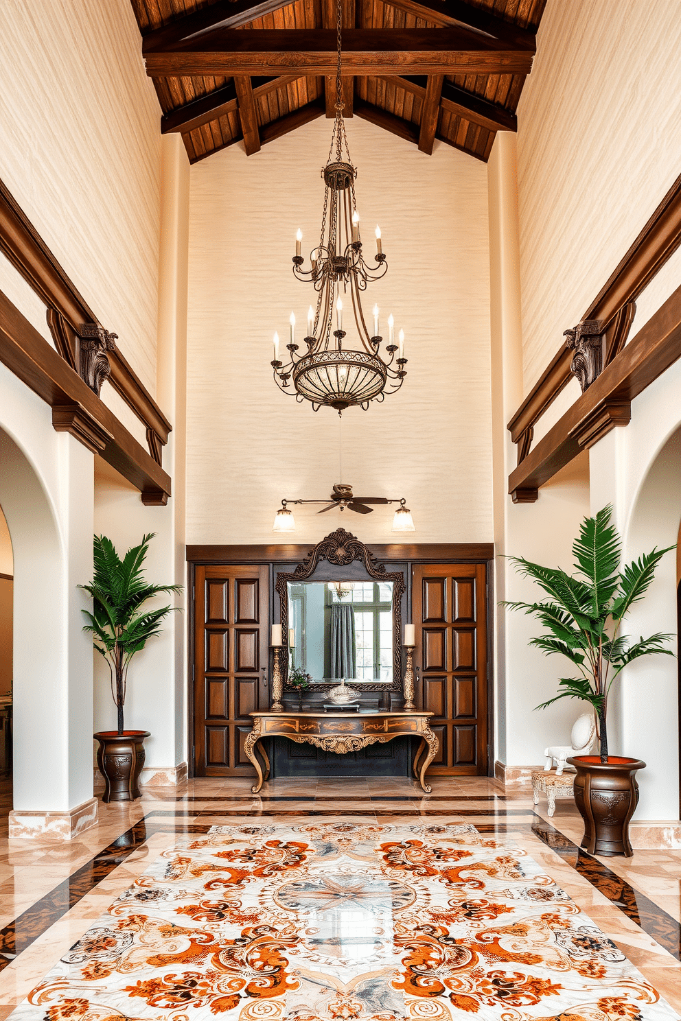 A grand European foyer featuring high ceilings adorned with exposed wooden beams, creating a warm and inviting atmosphere. The space is enhanced by an elegant chandelier hanging from the beams, illuminating the rich, textured walls painted in soft cream tones. A stunning marble floor with intricate mosaic patterns draws the eye, while a pair of ornate wooden doors leads to the main living area. Flanking the entrance, tall potted plants add a touch of greenery, and a beautifully crafted console table showcases decorative items and a large mirror above it.