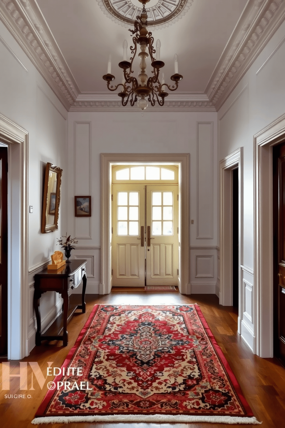 A charming European foyer featuring a vintage area rug that adds warmth and character to the space. The walls are adorned with intricate moldings, and a beautiful chandelier hangs from the ceiling, casting a soft glow over the room.