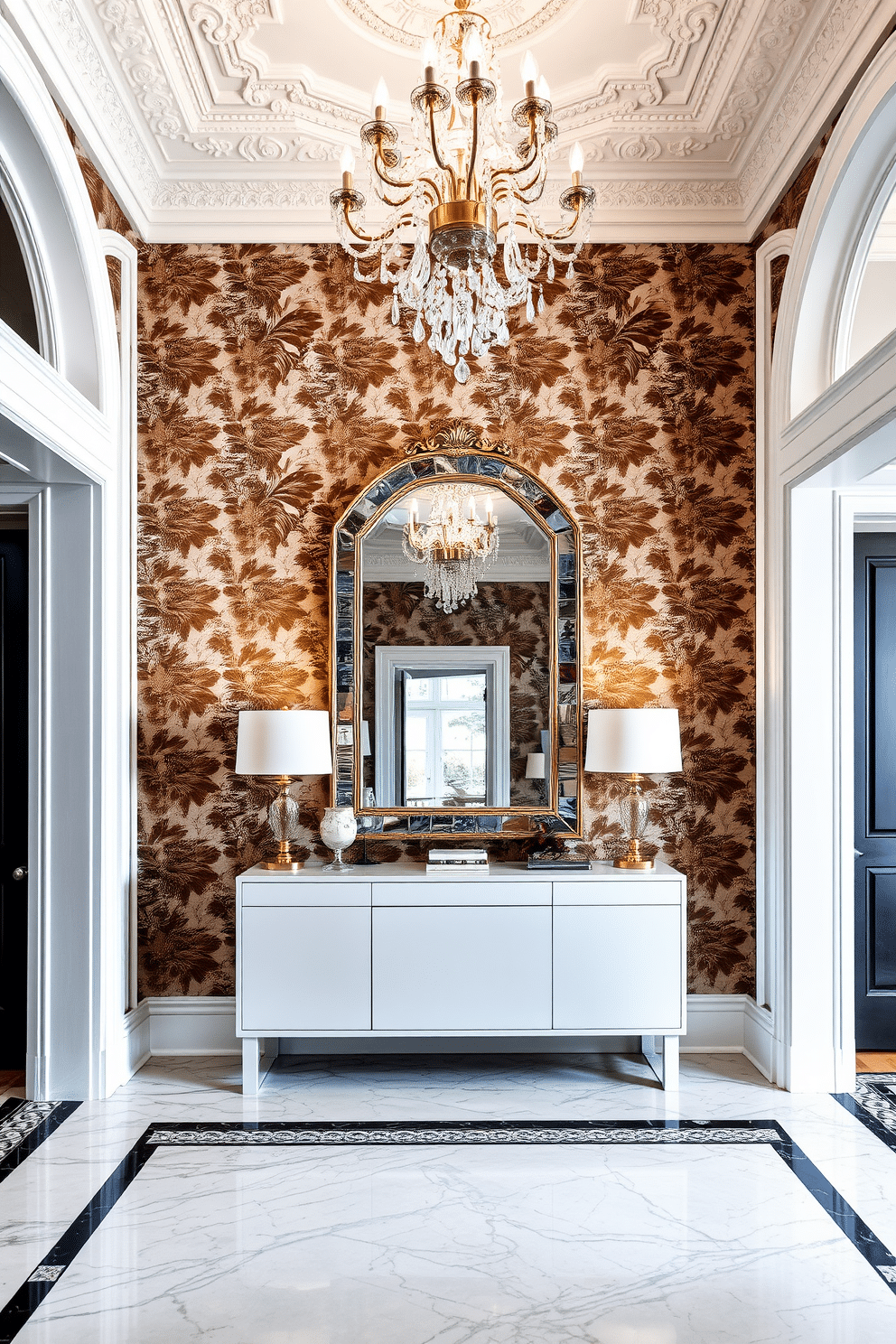 A striking European foyer features statement wallpaper adorned with bold prints, creating an immediate focal point. The space is elegantly framed by a grand chandelier hanging from a beautifully detailed ceiling, illuminating the rich textures of the decor. A sleek console table sits against the wallpaper, topped with decorative accents and a large mirror that reflects the vibrant patterns. The flooring is a mix of polished marble and intricate mosaic tiles, adding depth and sophistication to the entrance.