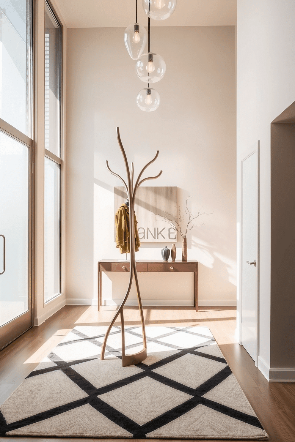 A sculptural coat rack stands as the centerpiece of the foyer, crafted from sleek metal with an artistic, flowing design. The walls are adorned with soft, neutral tones, complemented by a striking geometric patterned rug that invites guests into the space. Natural light floods the area through large, frosted glass windows, creating a warm and welcoming atmosphere. Elegant pendant lights hang from the ceiling, casting a soft glow over the minimalist console table that features a few carefully curated decorative items.