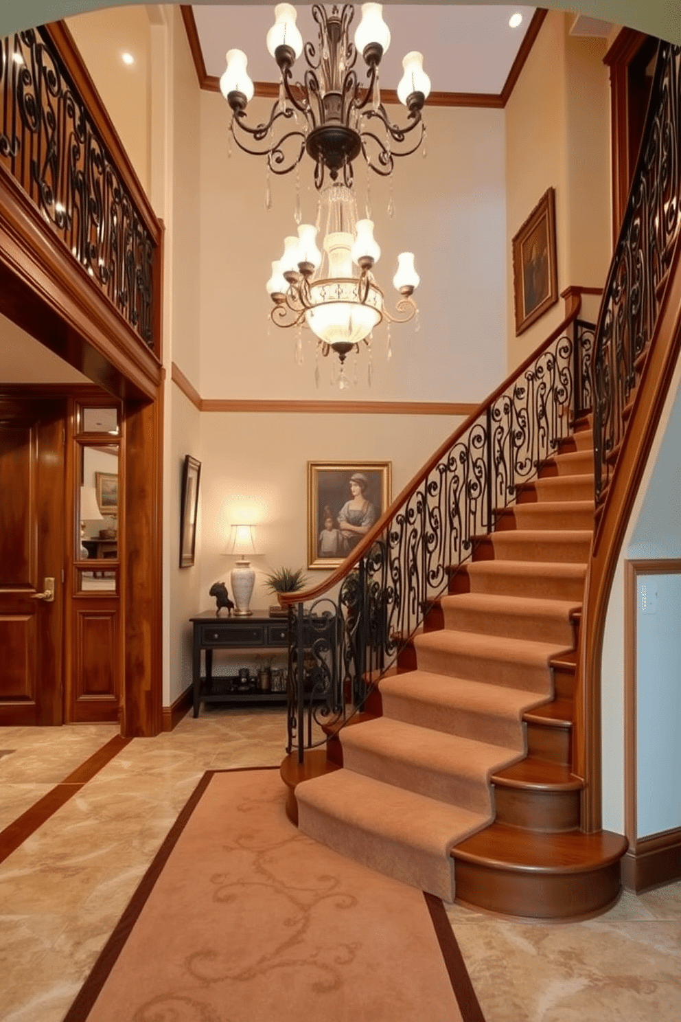 An elegant staircase features a plush runner carpet that adds warmth and sophistication to the space. The staircase is framed by intricate wrought-iron railings and adorned with soft, ambient lighting that highlights its graceful curves. The foyer exudes European charm with classic architectural details and a grand chandelier overhead. Rich wood finishes and tasteful artwork create an inviting atmosphere, complemented by decorative accents that reflect a timeless elegance.