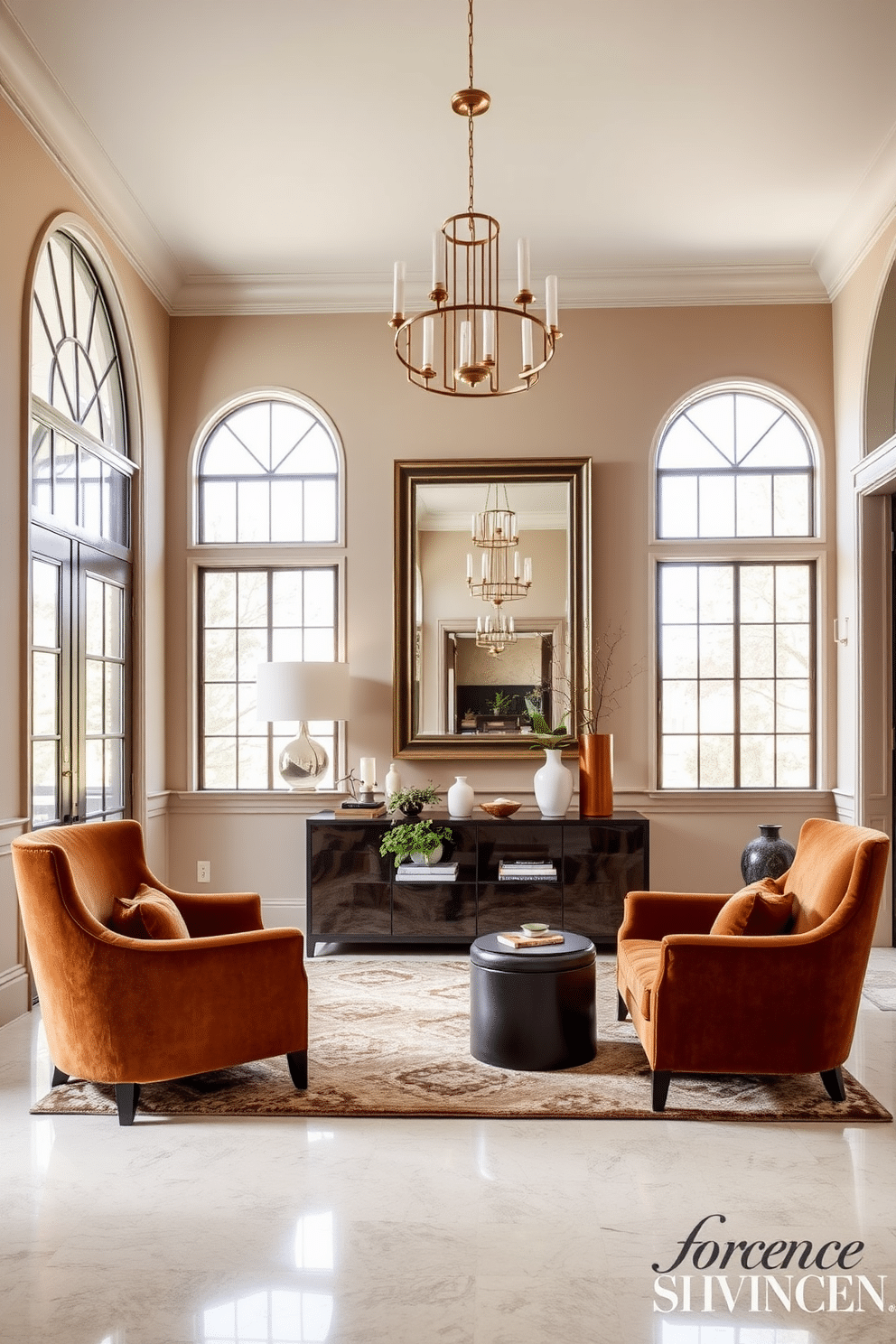 A grand foyer features a neutral color palette that combines soft beige and warm taupe walls, complemented by rich textures like a plush area rug and velvet upholstered furniture. Statement lighting fixtures in gold add a touch of elegance, while a large, framed mirror reflects the natural light that floods in from the arched windows. The space is anchored by a stunning console table made of dark wood, adorned with decorative objects and fresh greenery. A pair of stylish armchairs flanks the table, inviting guests to pause and appreciate the sophisticated ambiance.