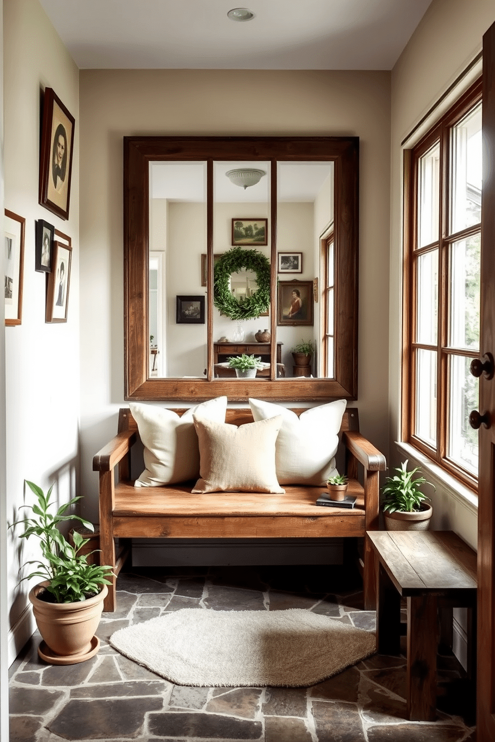 A rustic wooden bench with plush cushions sits invitingly in the foyer, creating a warm and welcoming atmosphere. The walls are adorned with vintage artwork, and a large mirror reflects natural light, enhancing the space's charm. Incorporating natural elements, the foyer features a stone floor that complements the wooden bench. Potted plants are strategically placed to add a touch of greenery, while a soft area rug defines the seating area.