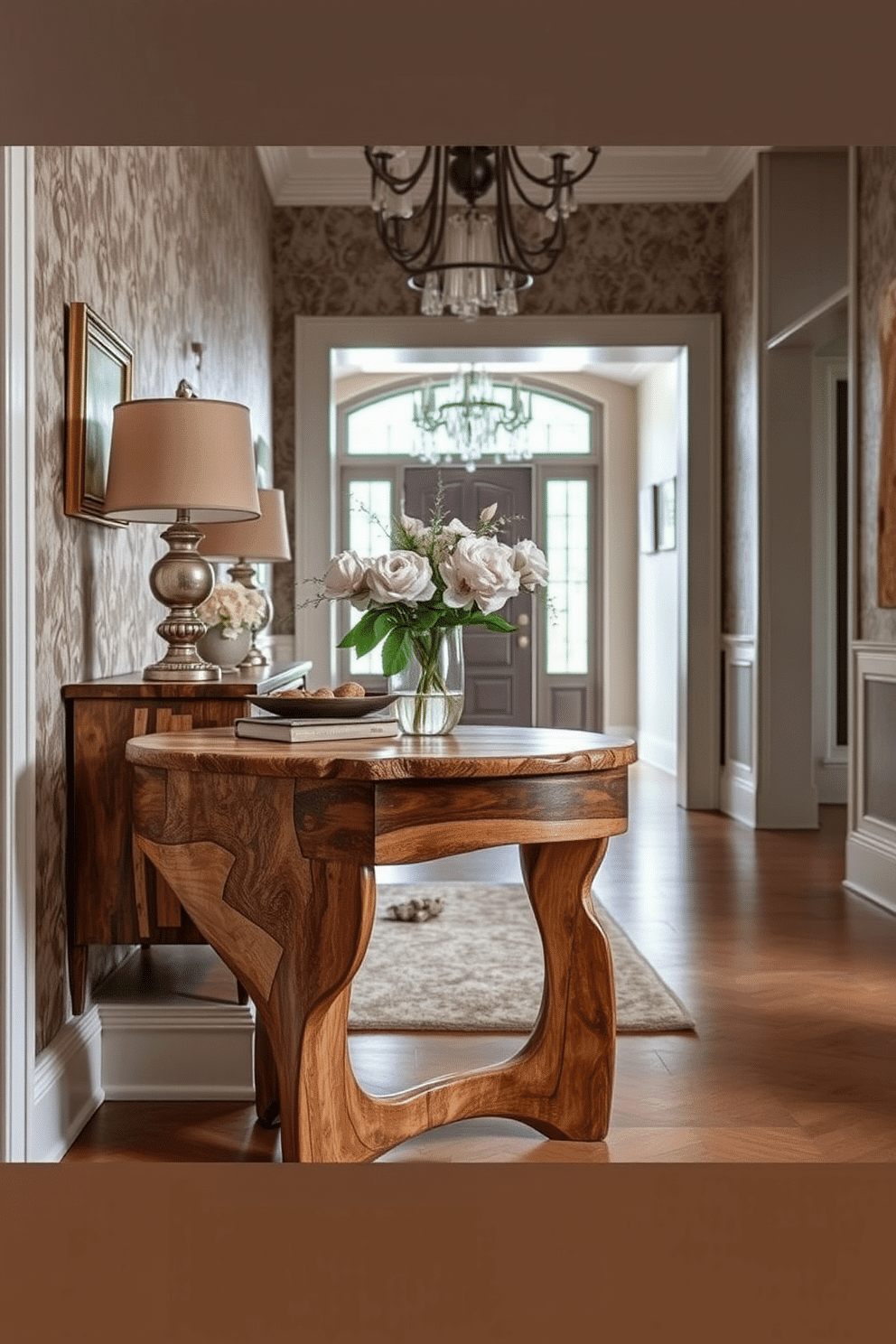 Artisan-crafted side table with unique design. The table features intricate woodwork with a mix of natural and stained finishes, showcasing a blend of modern and traditional aesthetics. European foyer design ideas. The space is adorned with elegant wallpaper, a plush area rug, and a statement chandelier, creating a warm and inviting entrance to the home.