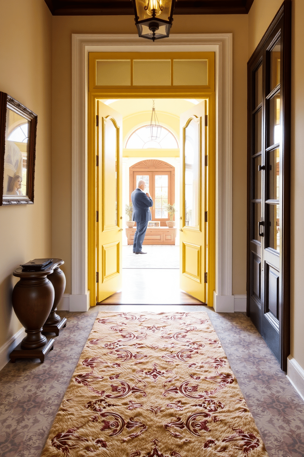 A brightly colored door in a vibrant shade of yellow welcomes guests into a spacious European foyer. The entrance features intricate tile flooring, with a plush runner that complements the bold door color, creating an inviting atmosphere.