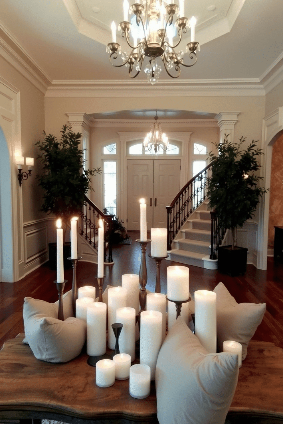 A collection of elegantly arranged candles in varying heights sits atop a rustic wooden table, casting a warm glow throughout the room. Soft, plush textiles in muted tones complement the flickering candlelight, creating an inviting and intimate atmosphere. The foyer features a grand staircase with intricate wrought iron railings, flanked by tall potted plants that add a touch of greenery. A stunning chandelier hangs from the ceiling, illuminating the space and highlighting the rich textures of the hardwood floor and decorative moldings.