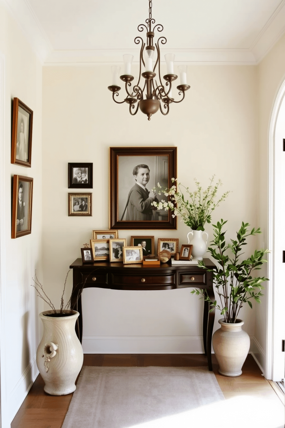 A welcoming European foyer adorned with framed family photos in vintage frames. The walls are painted in a soft cream color, complemented by an elegant console table made of dark wood, showcasing a collection of cherished memories. A stunning chandelier hangs from the ceiling, casting a warm glow over the space. To the side, a plush area rug in muted tones adds a touch of comfort, while decorative plants in ceramic pots bring life to the entrance.