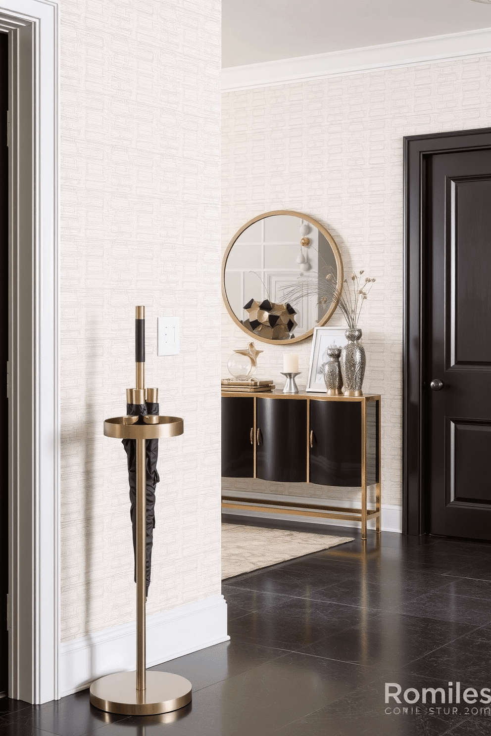 A stylish umbrella stand made of sleek metal is positioned near the entrance, complementing the overall aesthetic of the foyer. The walls are adorned with elegant wallpaper featuring a subtle geometric pattern, while a chic console table with decorative accents adds a touch of sophistication.