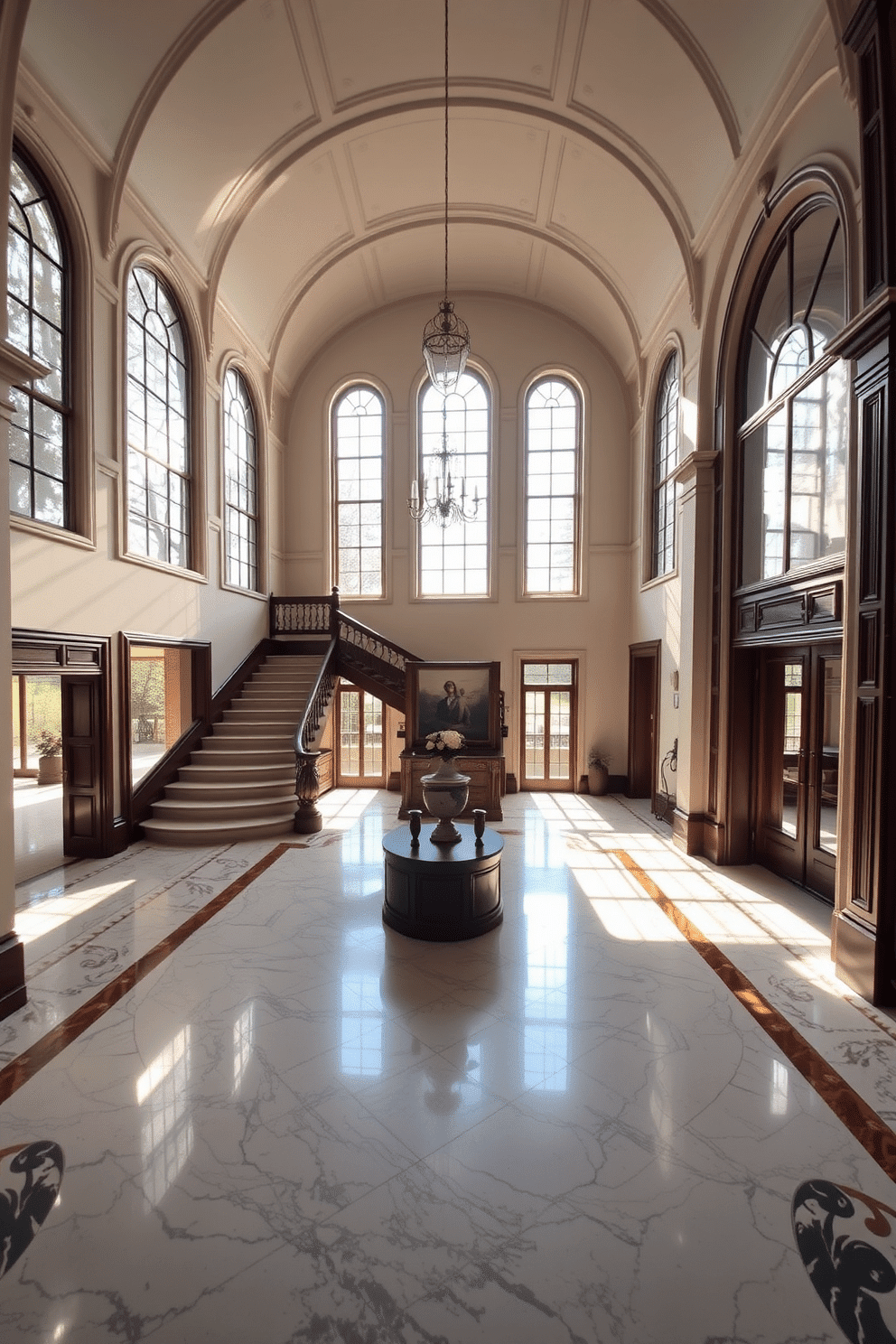 A grand European foyer filled with natural light streaming through large arched windows. The space features a stunning marble floor with intricate patterns, complemented by elegant wooden accents and a sweeping staircase.