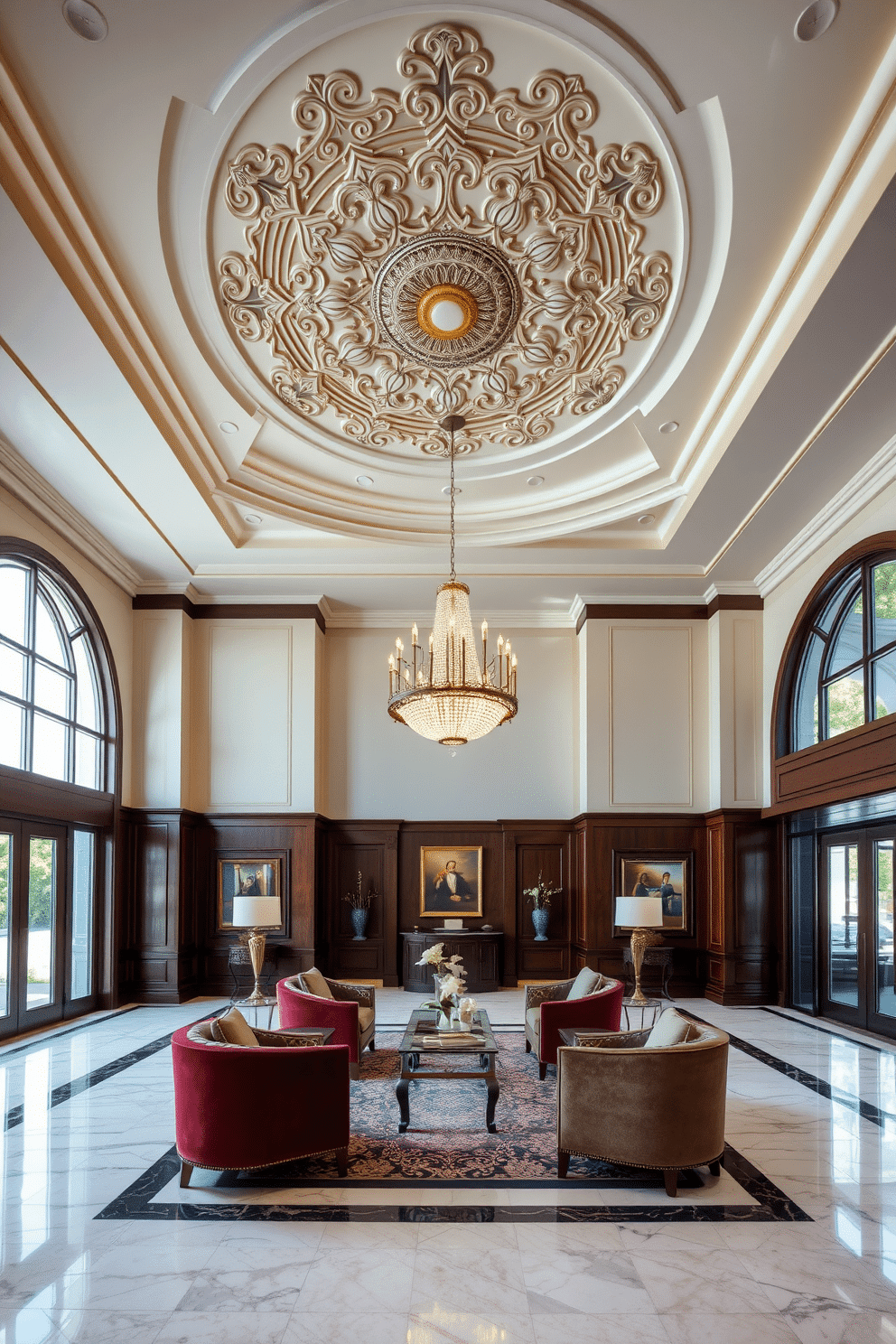 A grand foyer featuring an ornate decorative ceiling medallion that adds a touch of elegance. The space is illuminated by a stunning chandelier, with a marble floor that reflects the intricate details of the ceiling design. Rich, dark wood paneling lines the walls, complemented by plush seating arrangements in luxurious fabrics. Large windows allow natural light to flood the space, highlighting the art pieces and decorative accents throughout the foyer.