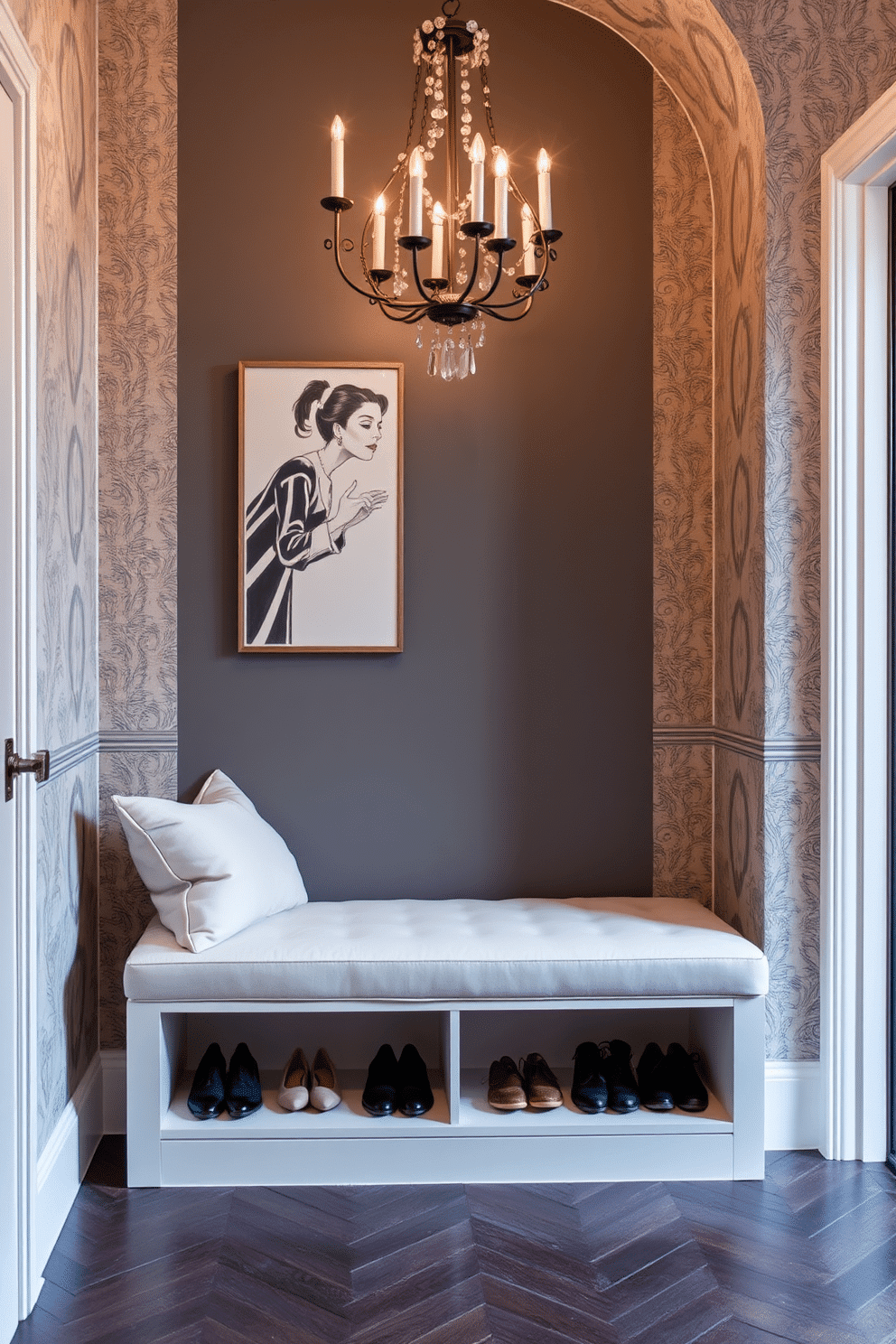 A stylish European foyer featuring a sleek bench with integrated shoe storage underneath, designed for both functionality and aesthetics. The walls are adorned with elegant wallpaper, while a statement chandelier hangs from the ceiling, illuminating the space with a warm glow.