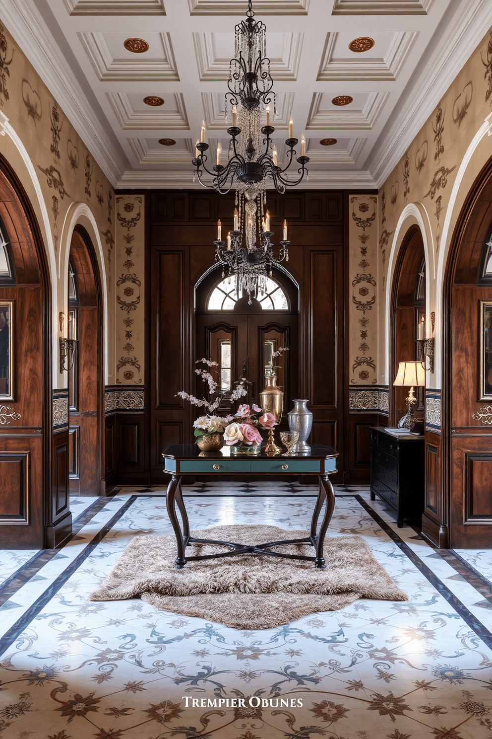 A stunning European foyer featuring hand-painted tiles that add a unique touch to the space. The entrance is framed by elegant archways, with a grand chandelier hanging from a coffered ceiling above. Rich wooden accents complement the intricate tile work, while a plush area rug defines the seating area. A stylish console table adorned with fresh flowers and decorative accents welcomes guests into this sophisticated setting.