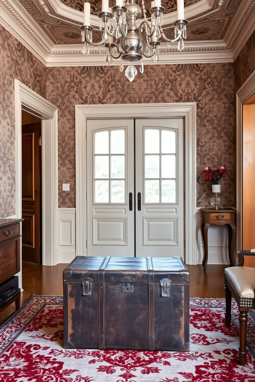 A vintage trunk sits elegantly in the foyer, serving as both a decorative piece and practical storage. The trunk's weathered leather exterior complements the warm wood tones of the surrounding furniture, creating a cozy and inviting atmosphere. The foyer features a classic European design with intricate moldings and a stunning chandelier overhead. Rich, textured wallpaper in muted tones adorns the walls, while a beautiful area rug anchors the space, adding warmth and character.