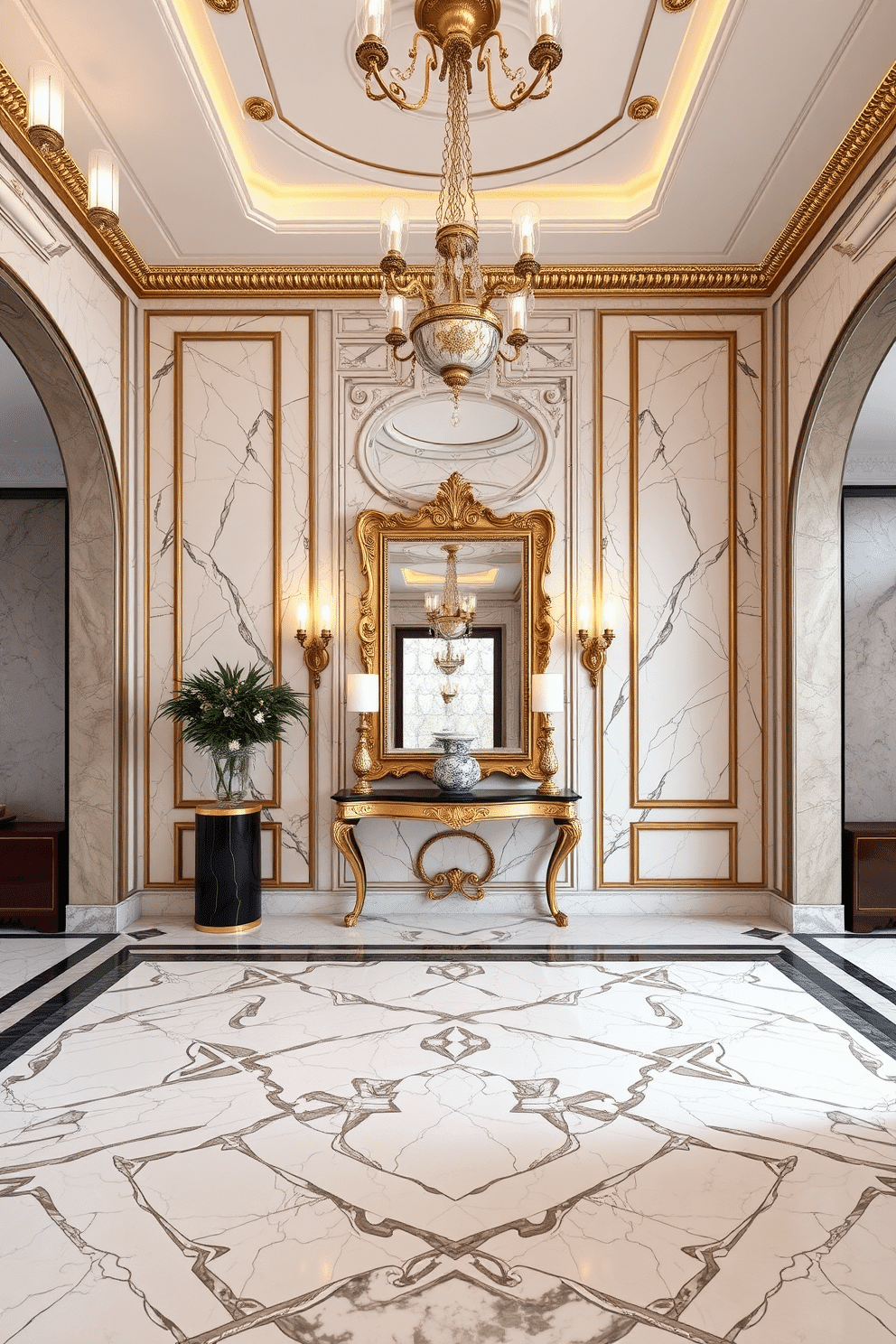 A grand foyer featuring marble flooring with intricate patterns that create a stunning visual impact. The space is adorned with elegant light fixtures and a luxurious console table, complemented by a large mirror framed in ornate gold.