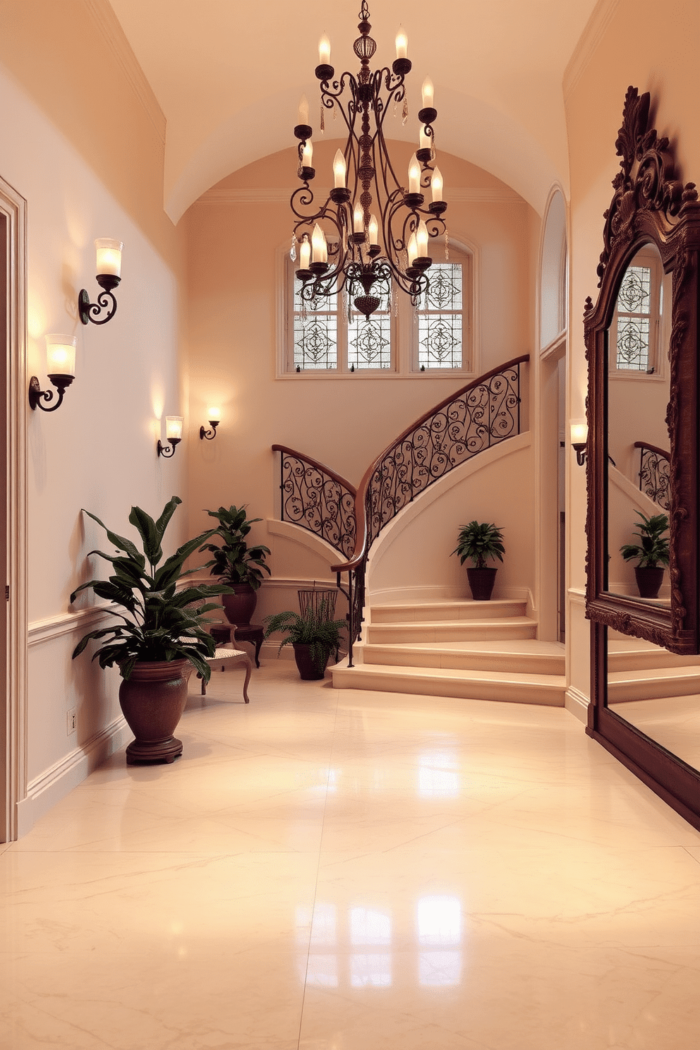 A European foyer featuring soft lighting with dimmable fixtures creates an inviting atmosphere. The space is adorned with elegant wall sconces and a stunning chandelier, casting a warm glow over the polished marble floor. A grand staircase with intricate wrought iron railings leads to the upper levels, flanked by decorative potted plants. The walls are painted in a soft cream color, complemented by a large, ornate mirror that reflects the light and enhances the sense of space.