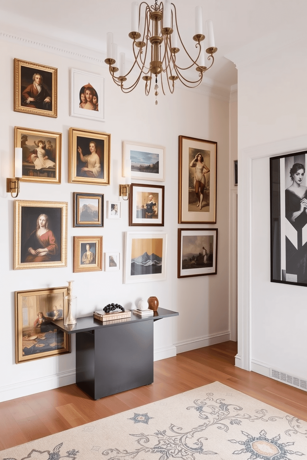 A gallery wall showcasing an array of European art pieces, including classical paintings and contemporary prints, arranged in a harmonious layout. The wall is painted in a soft white to enhance the vibrancy of the artwork, with elegant sconces illuminating the pieces from above. An inviting foyer designed with a blend of modern and traditional elements, featuring a sleek console table adorned with decorative objects and a large mirror. The space is enhanced by a striking chandelier and a warm color palette that creates a welcoming atmosphere.