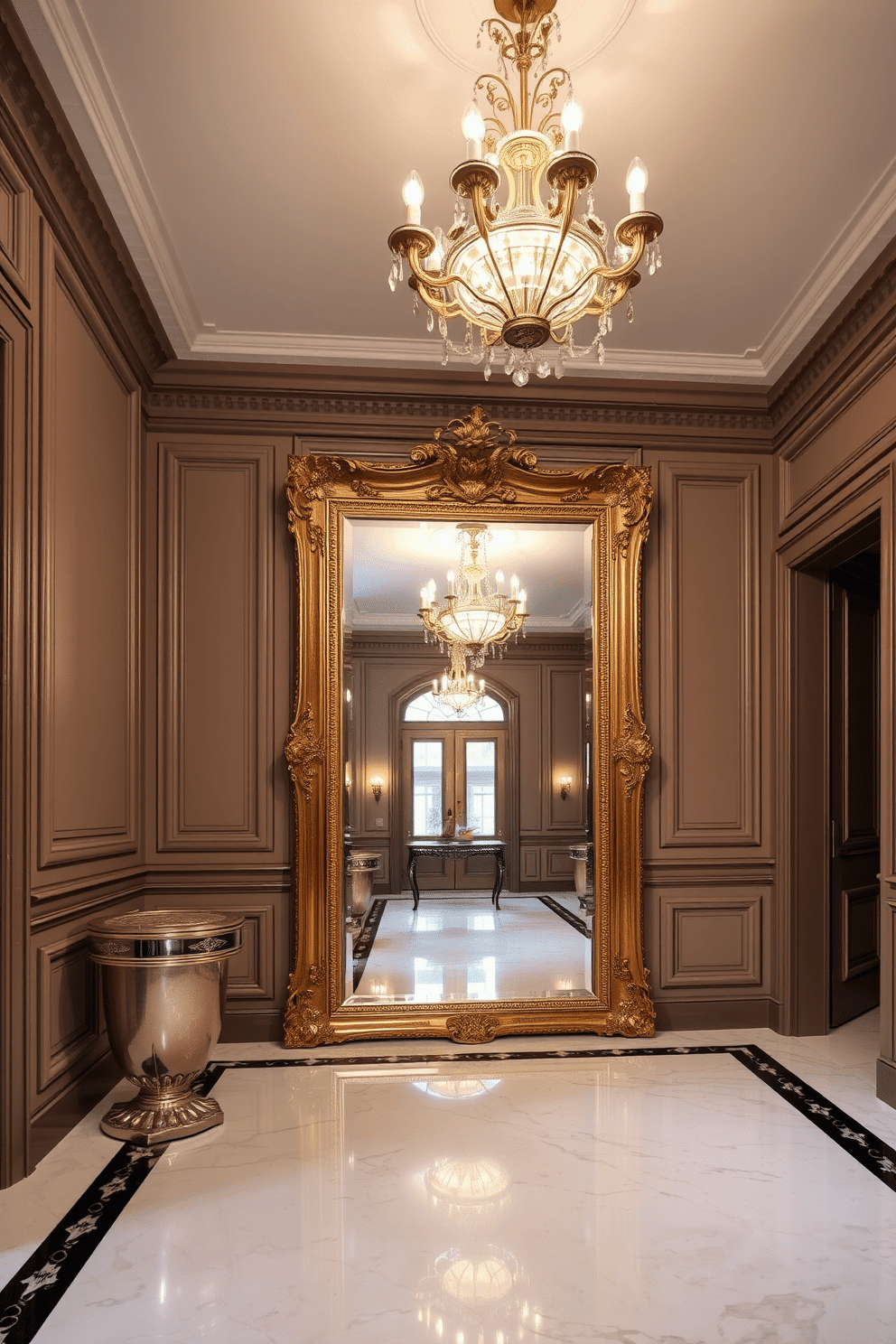 A grand European foyer featuring an antique mirror framed in ornate gold, reflecting the elegance of the space. The walls are adorned with intricate moldings, and a stunning chandelier hangs from the ceiling, casting a warm glow over the polished marble floor.