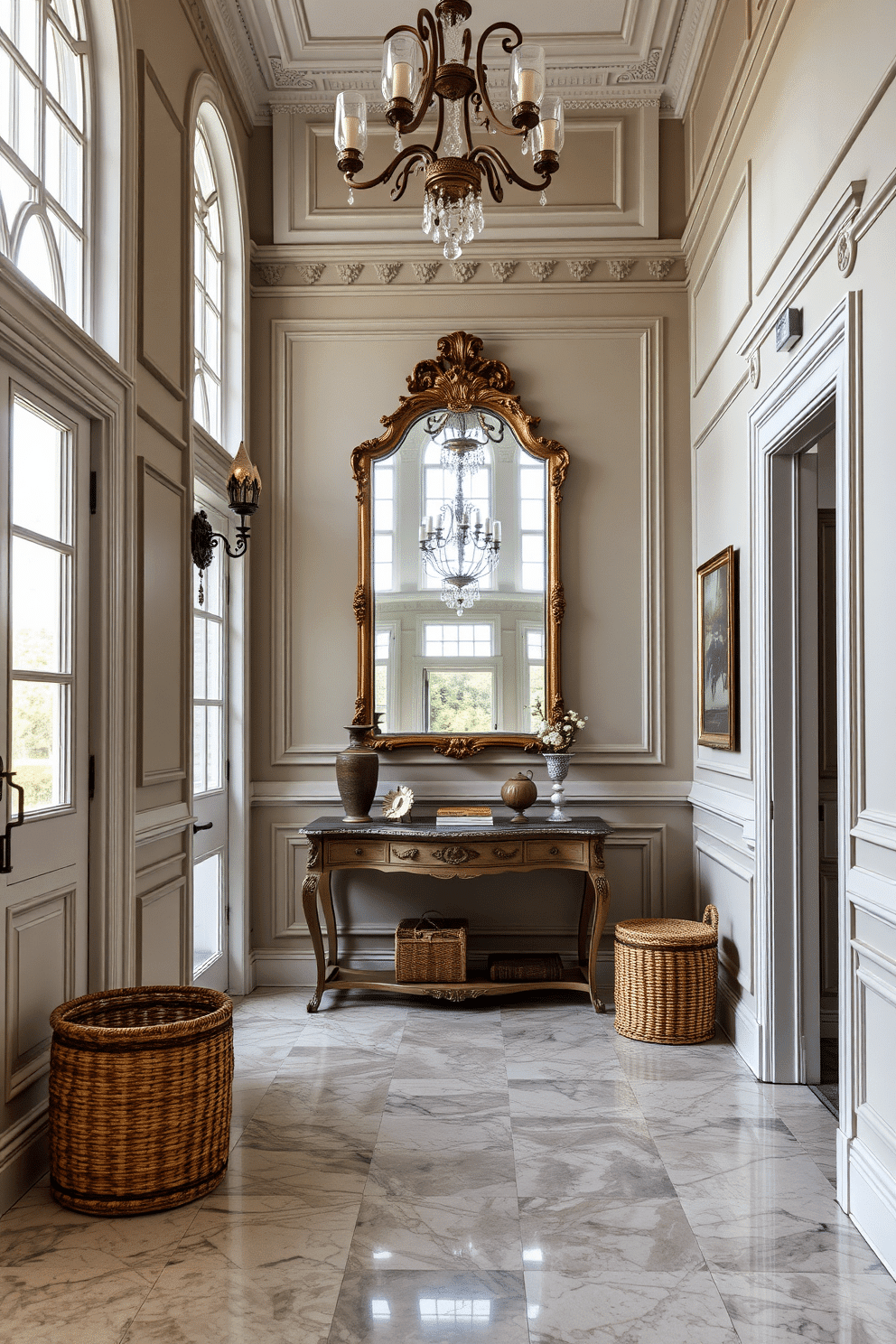 A European foyer featuring a grand entrance with high ceilings and elegant chandeliers. The space is adorned with intricate moldings and a polished marble floor, complemented by a large woven basket in the corner for stylish storage solutions. The foyer showcases a mix of classic and contemporary elements, with a vintage console table against the wall. Above the table, a large mirror with an ornate frame reflects the natural light streaming in through tall windows.