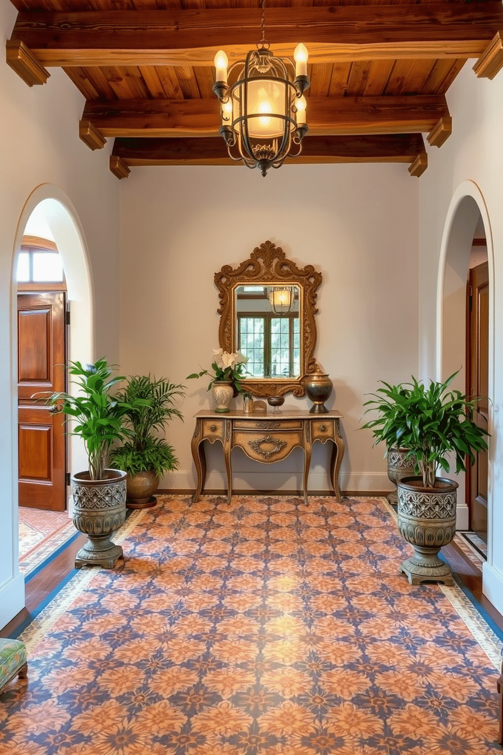 A stunning entryway featuring intricate tile designs inspired by Mediterranean aesthetics. The floor is adorned with colorful, patterned tiles that create a warm and inviting atmosphere, complemented by rustic wooden beams overhead. The foyer is enhanced with elegant furnishings, including a vintage console table and a large, ornate mirror that reflects natural light. Lush greenery in decorative pots adds a fresh touch, while soft, ambient lighting creates a welcoming glow.