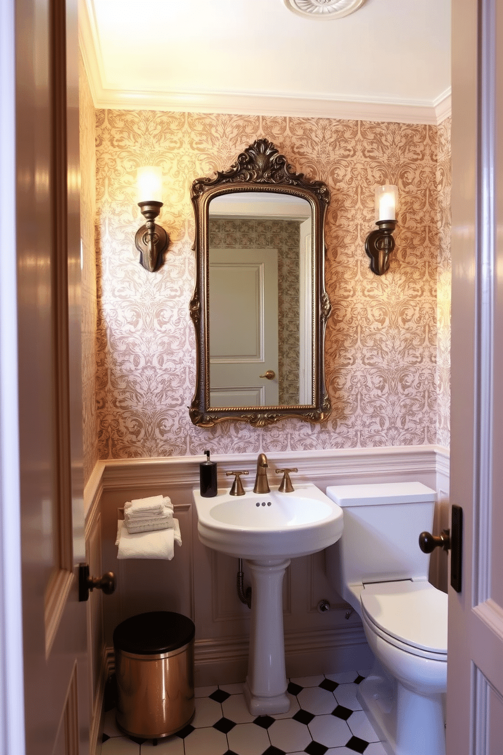 A charming European powder room features vintage-inspired sconces that cast a warm, inviting glow. The walls are adorned with intricate wallpaper, and the floor is laid with classic black and white tiles, enhancing the room's elegant ambiance.