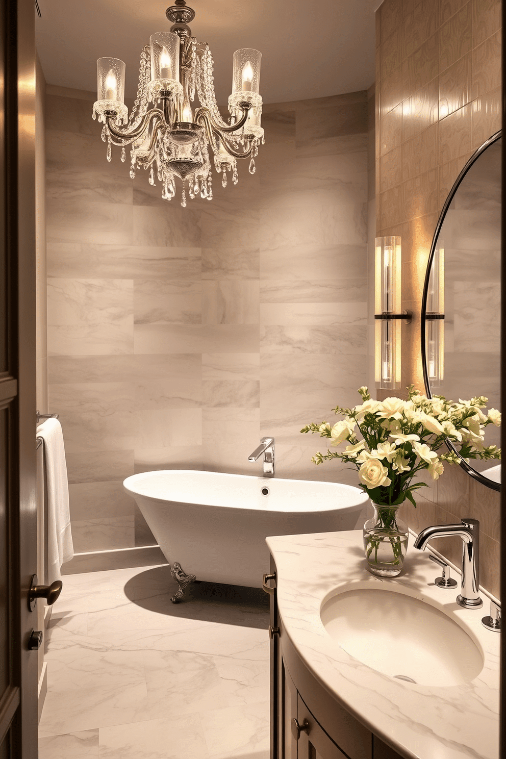 A luxurious European powder room features a freestanding tub positioned elegantly in the corner, surrounded by soft, ambient lighting that creates a serene atmosphere. The walls are adorned with intricate tiles in muted tones, and a stylish chandelier hangs above, adding a touch of sophistication. The space includes a chic vanity with a marble countertop and a sleek, modern faucet, complemented by a large round mirror that reflects the elegant design. Fresh flowers in a decorative vase sit atop the vanity, enhancing the spa-like ambiance with a hint of nature.